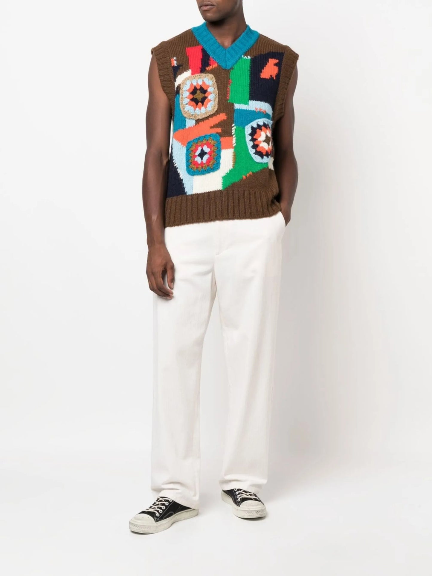 crochet-knit V-neck jumper