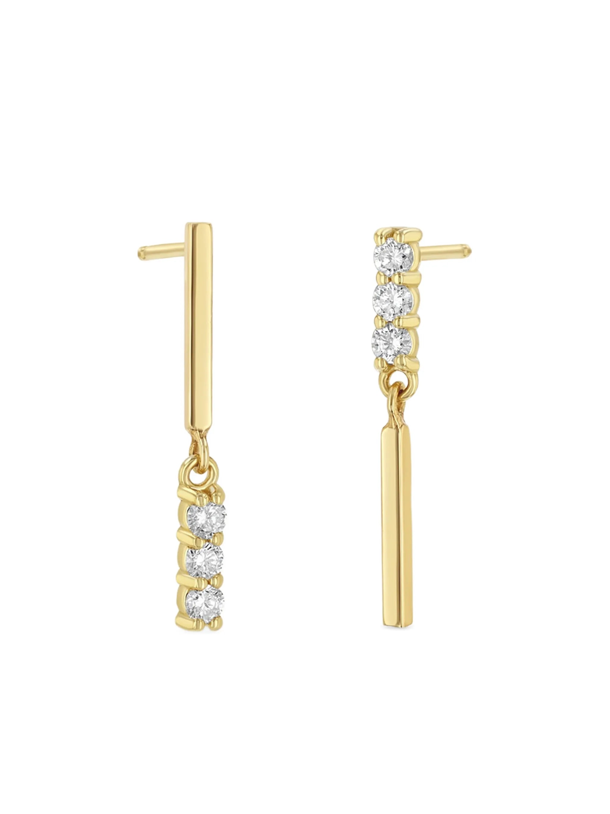 14K yellow gold bar diamond drop earrings