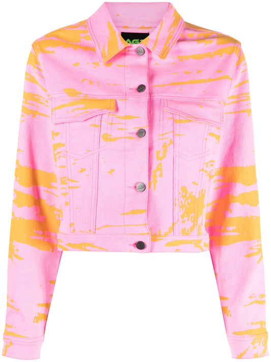 abstract-print cropped denim jacket