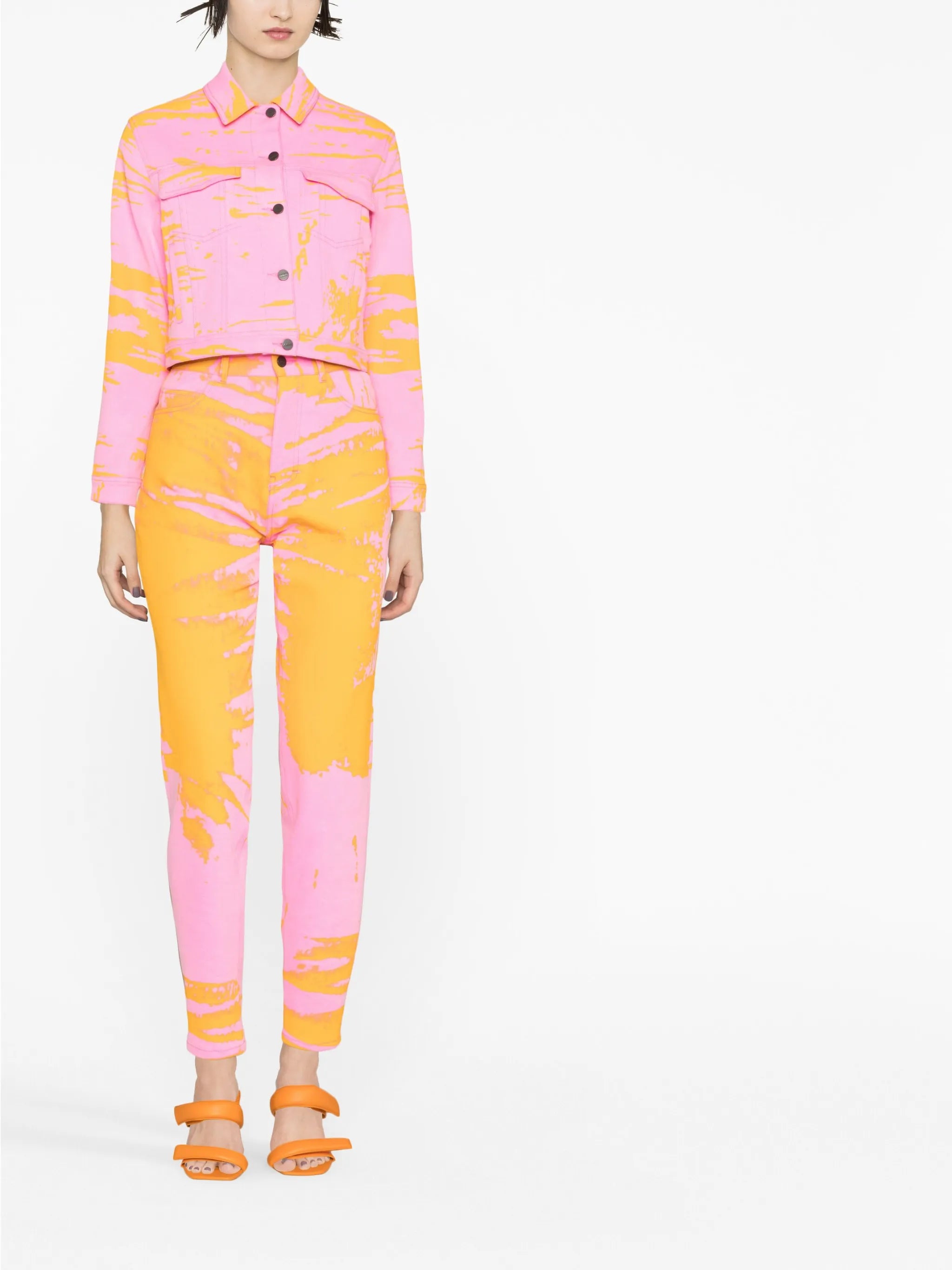 abstract-print cropped denim jacket