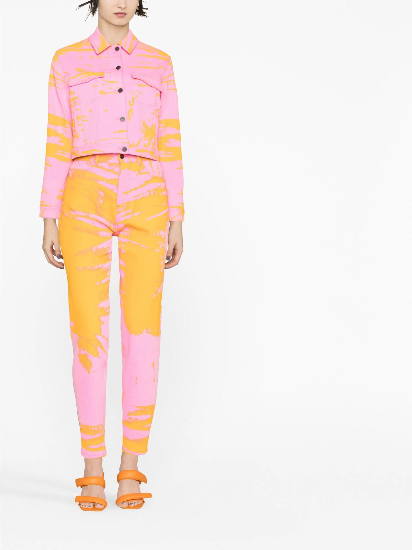 abstract-print cropped denim jacket