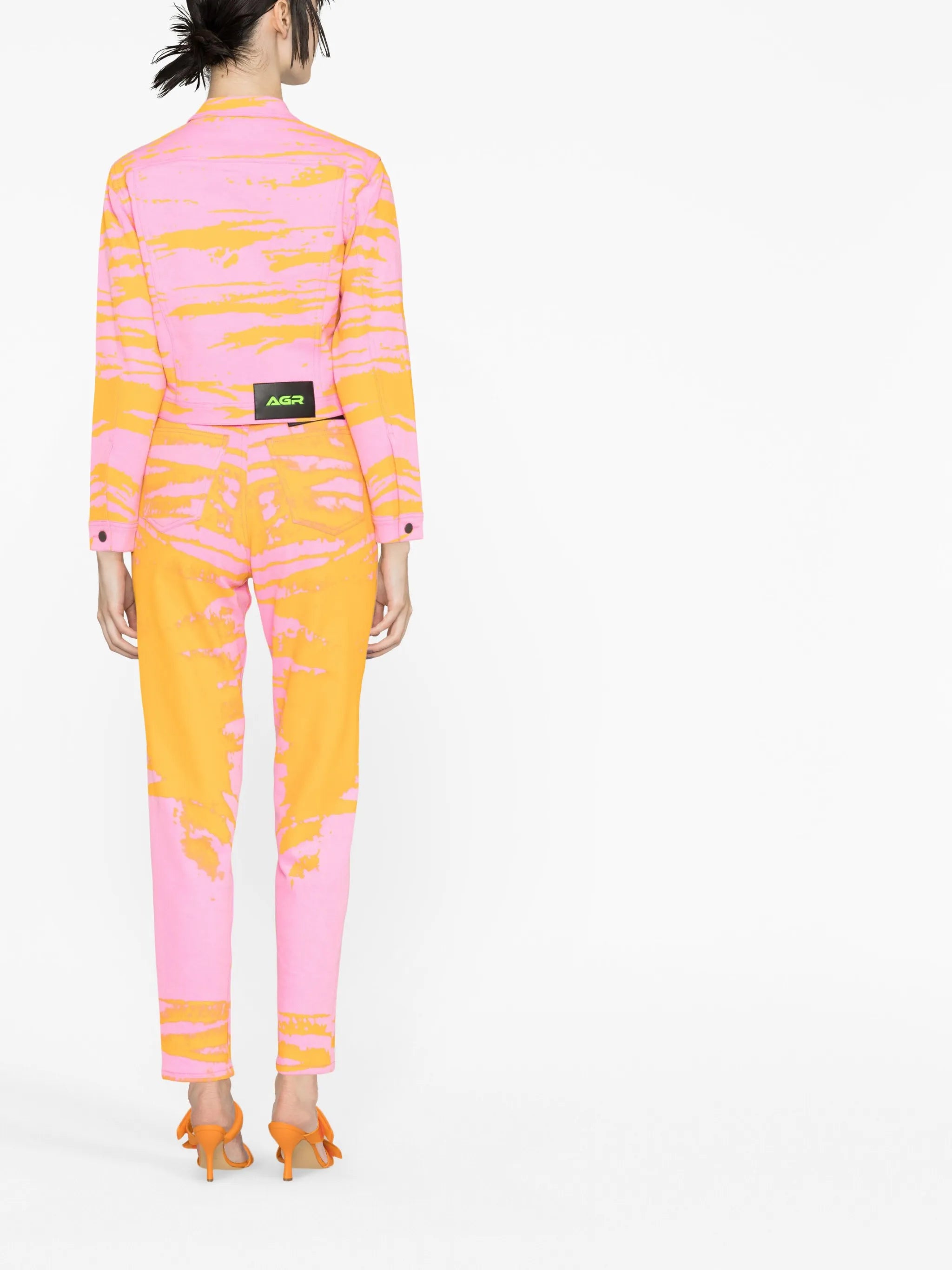 abstract-print cropped denim jacket