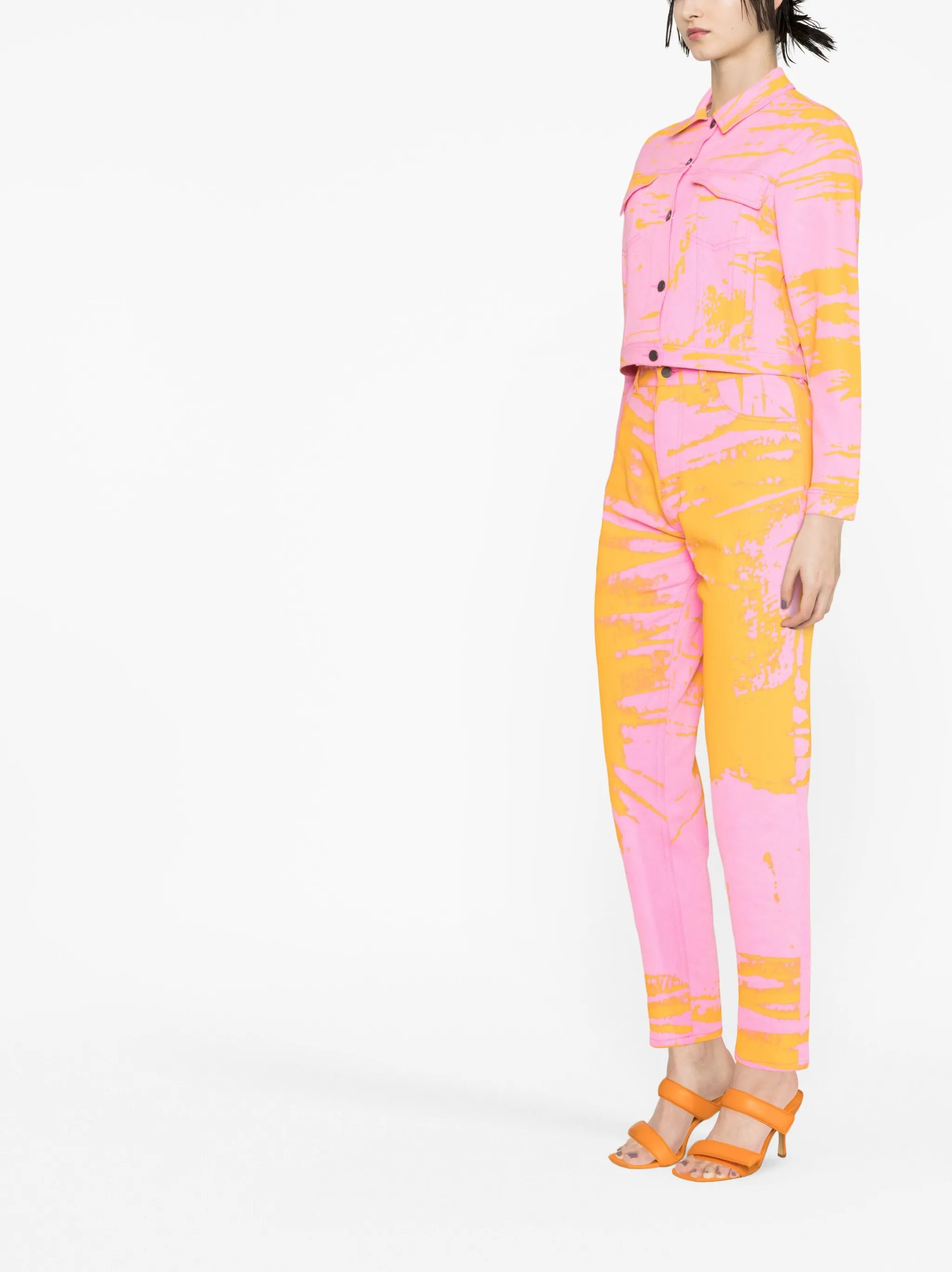 abstract-print cropped denim jacket