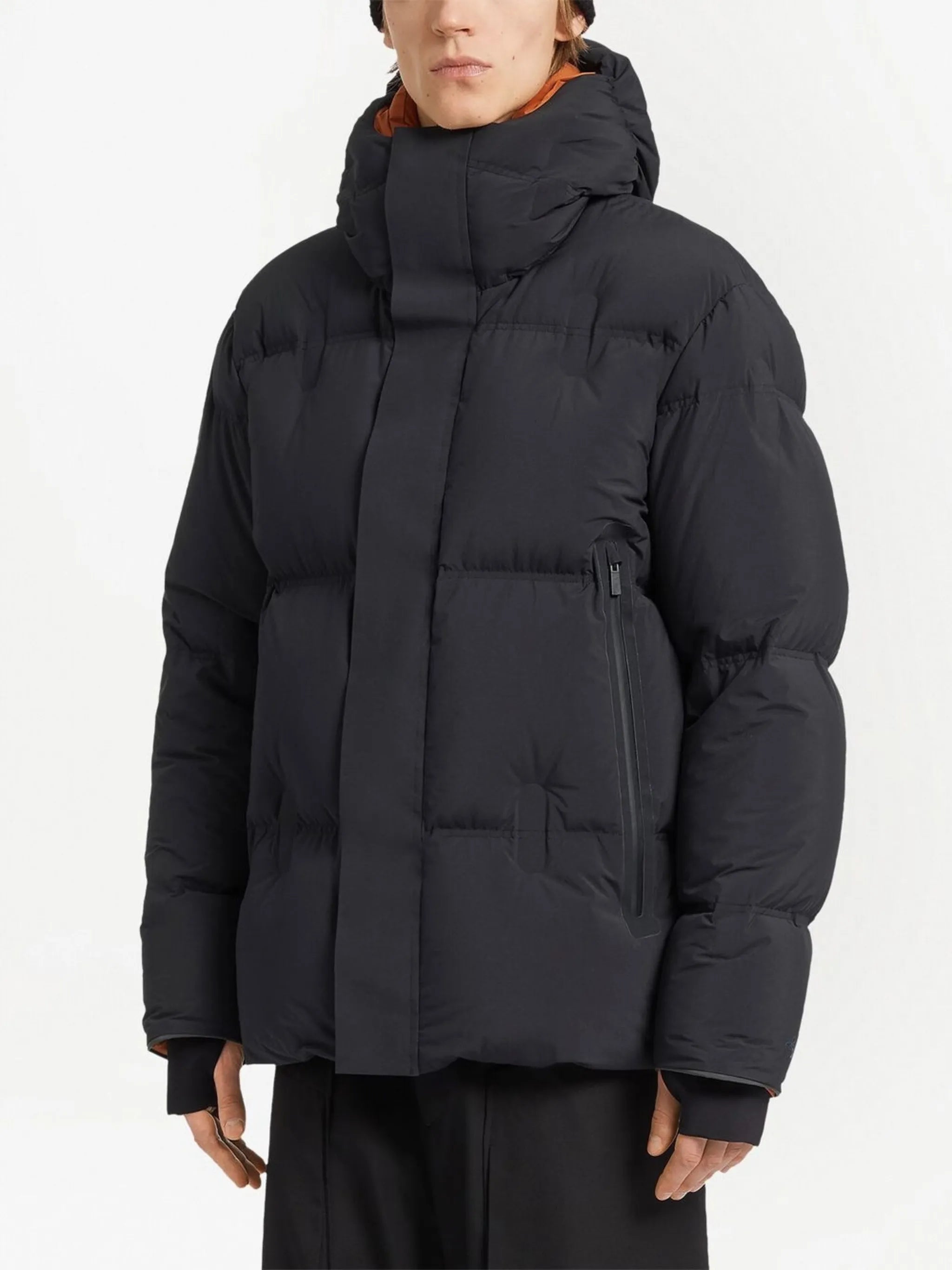 down-filled laminated hooded jacket