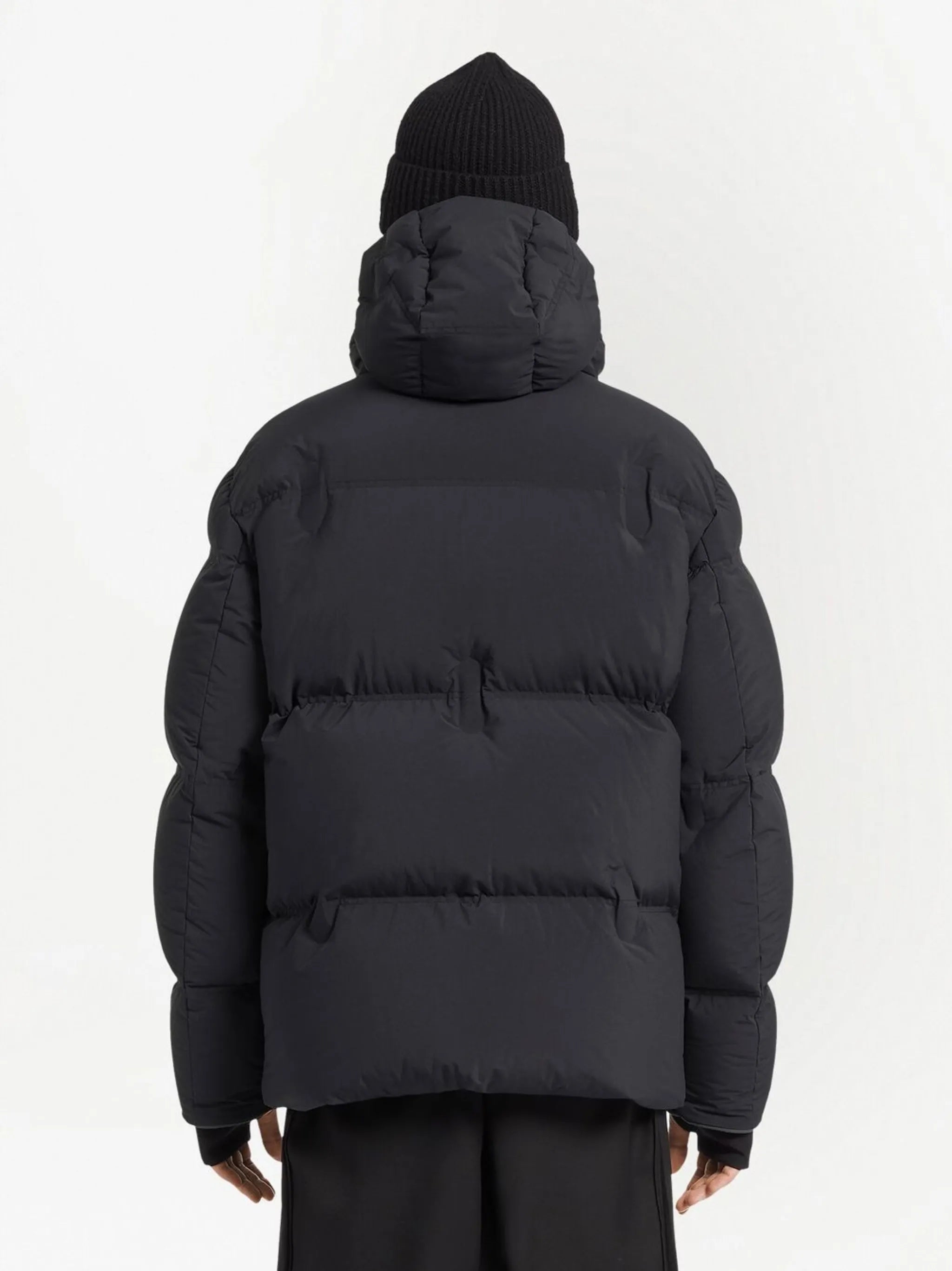 down-filled laminated hooded jacket