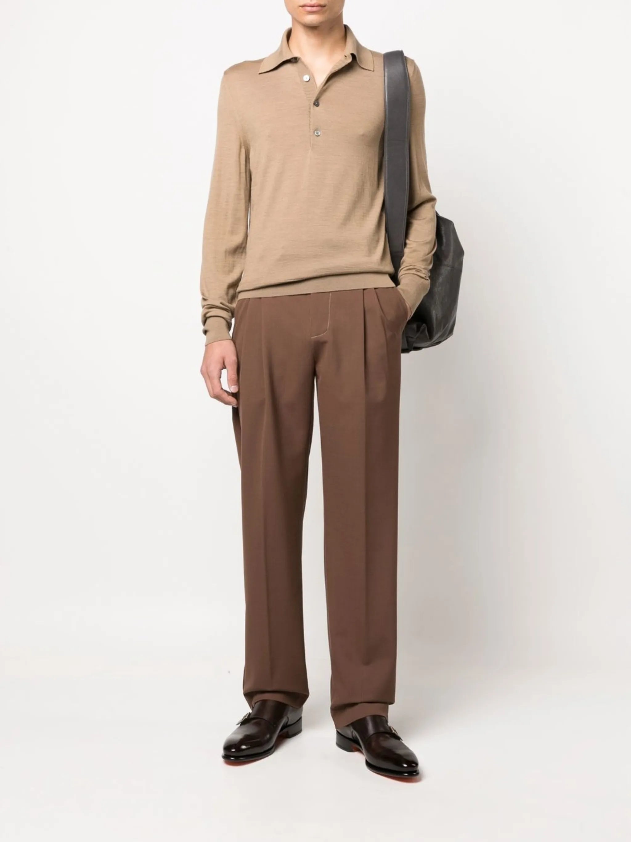 ribbed-knit long-sleeved polo shirt