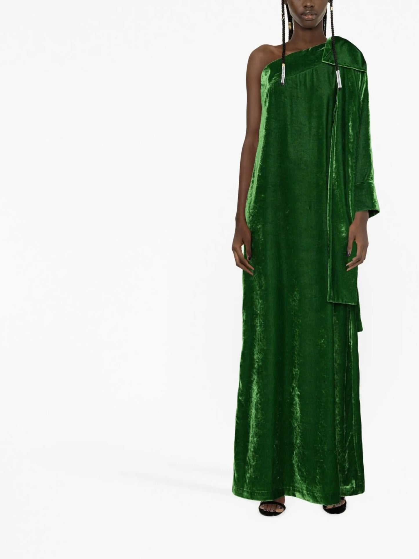 Nel one-shoulder bow-appliqué velvet gown
