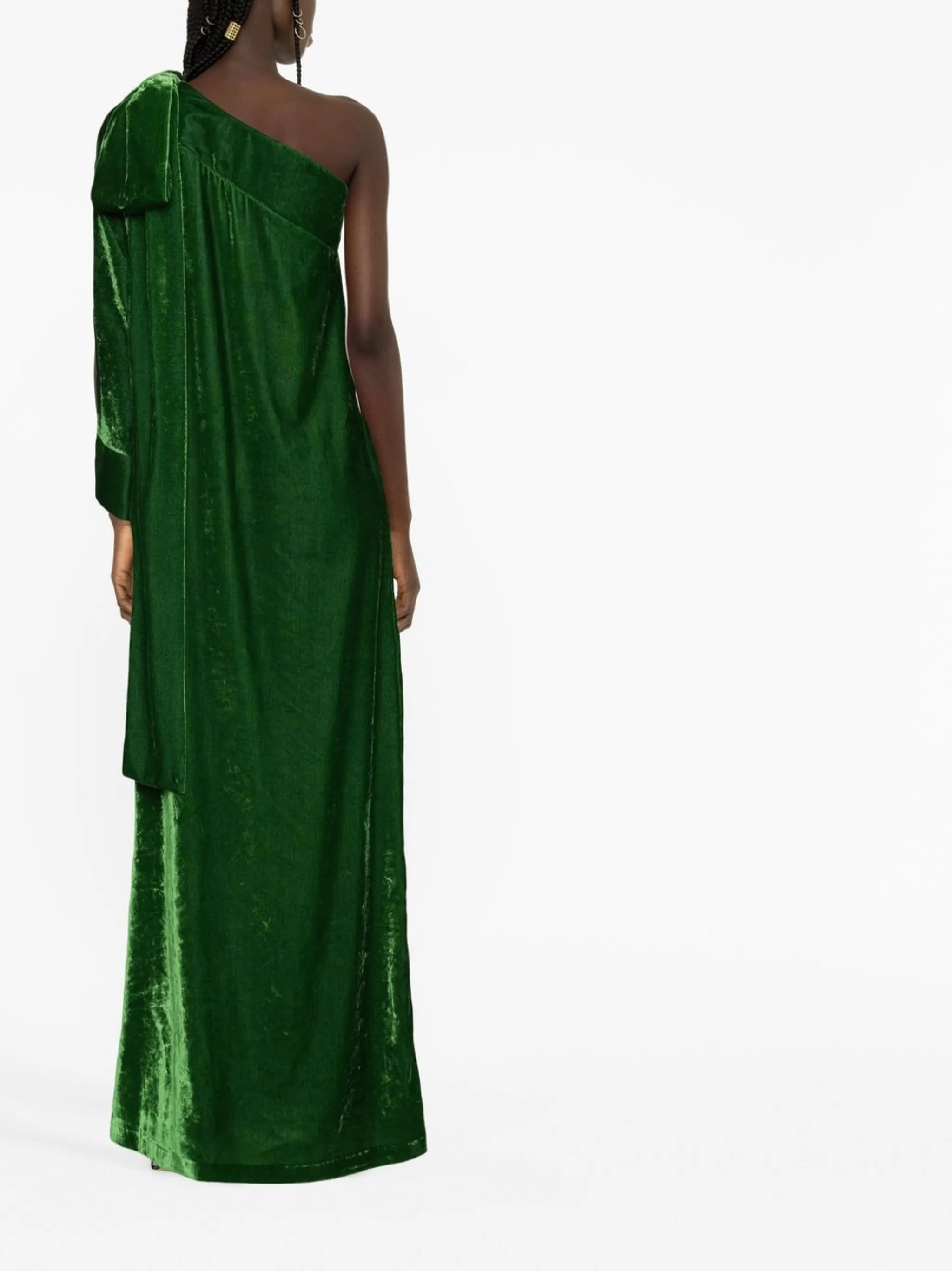 Nel one-shoulder bow-appliqué velvet gown