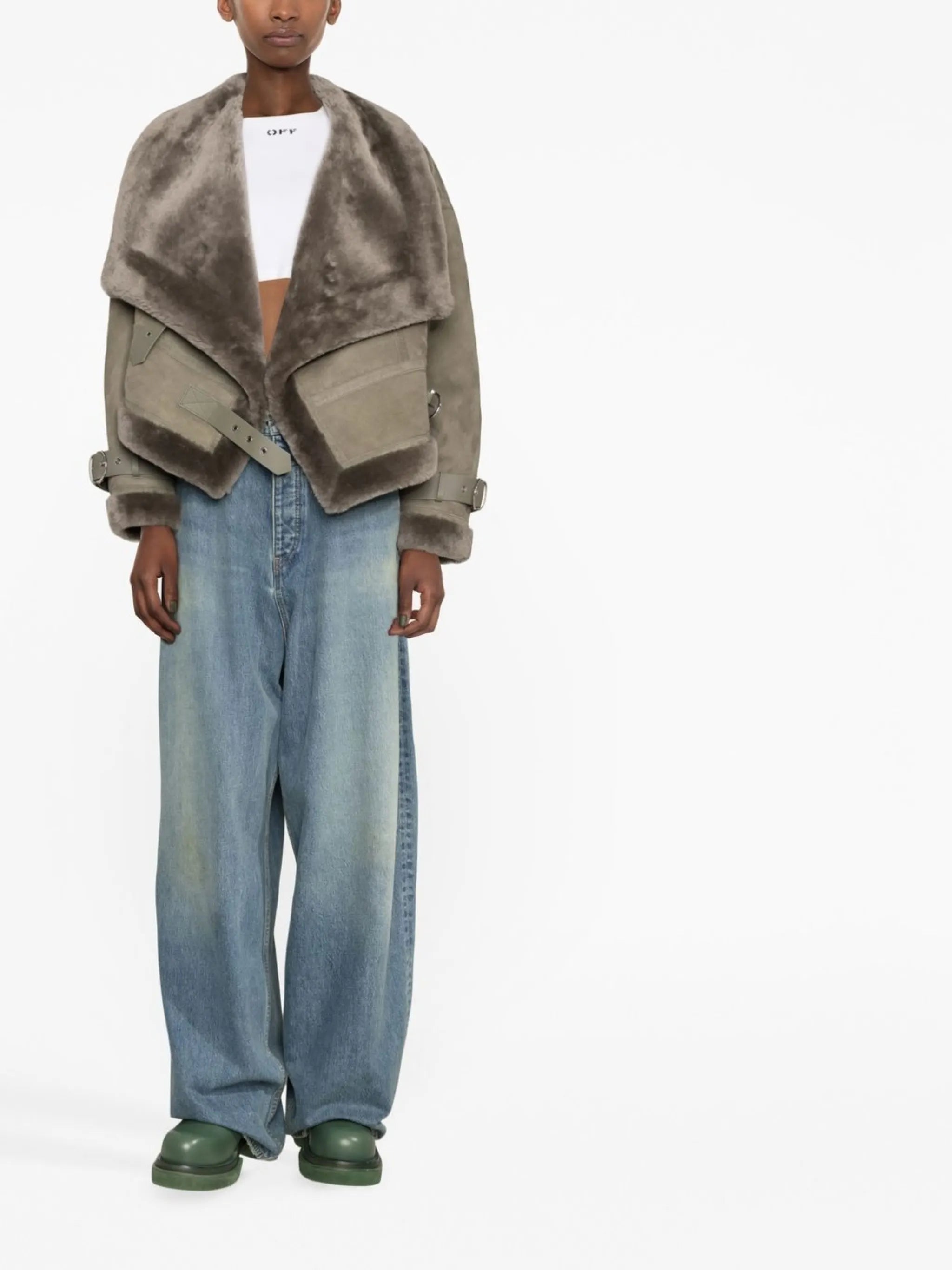 shearling-trim notched-lapel jacket