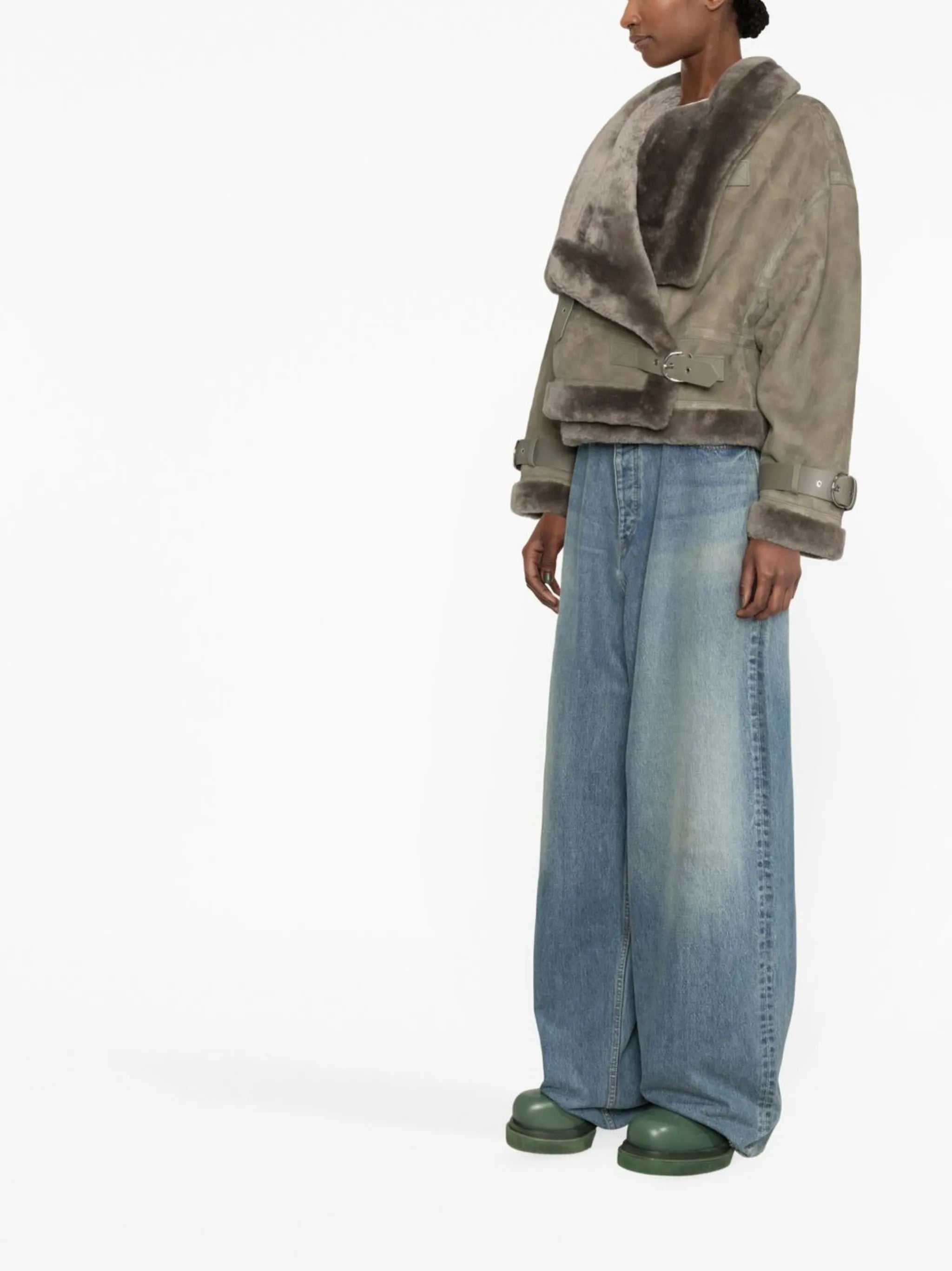 shearling-trim notched-lapel jacket