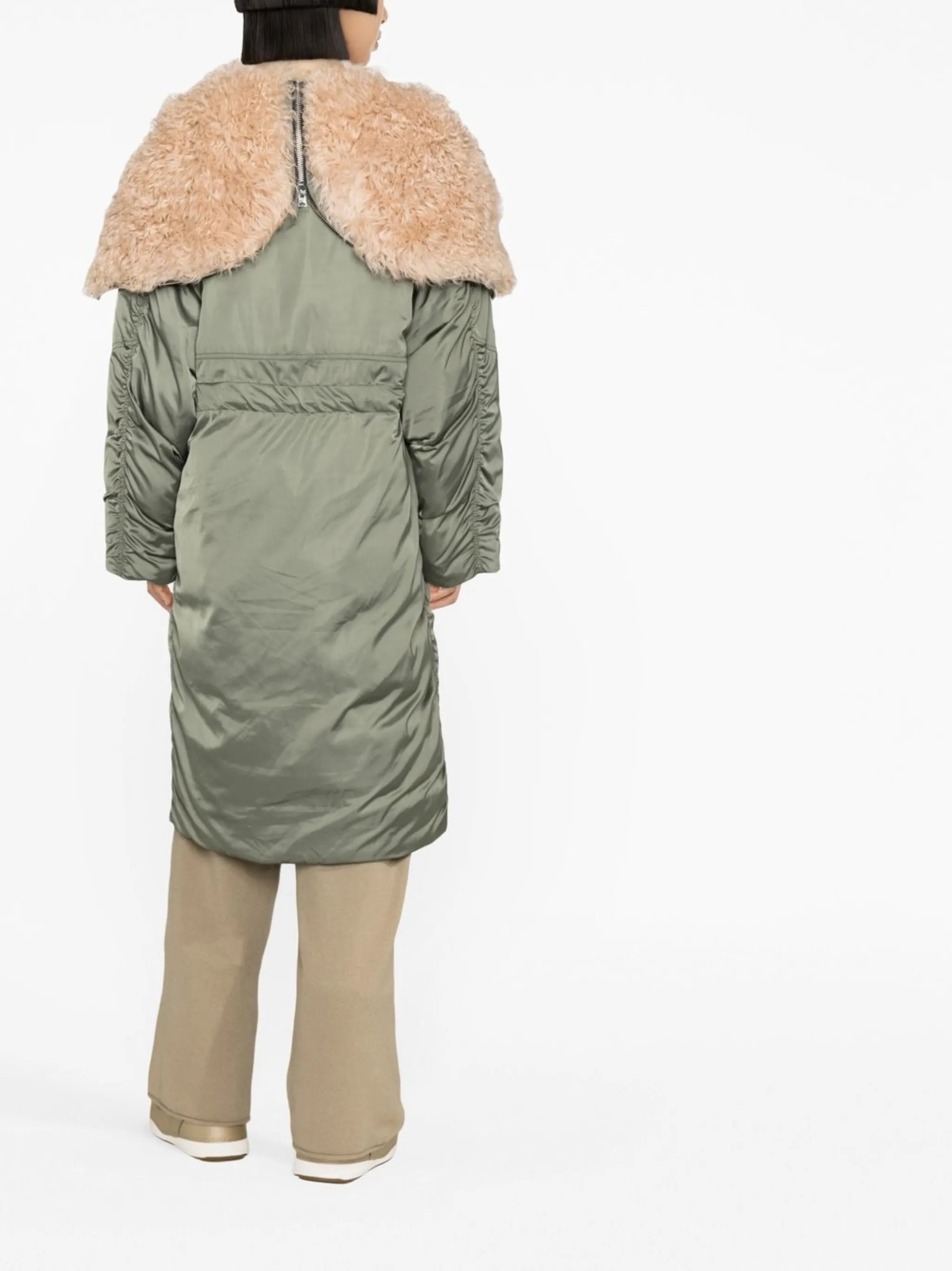 shearling-trim zip-fastening coat