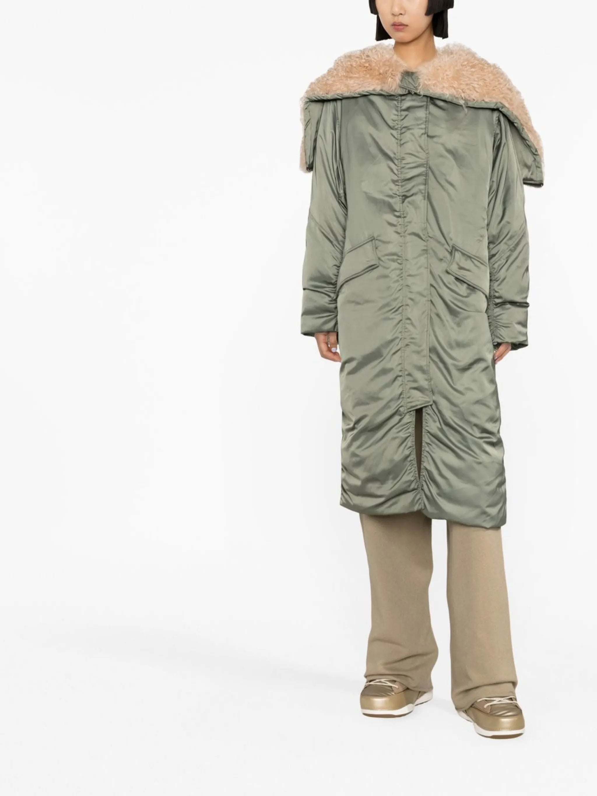 shearling-trim zip-fastening coat