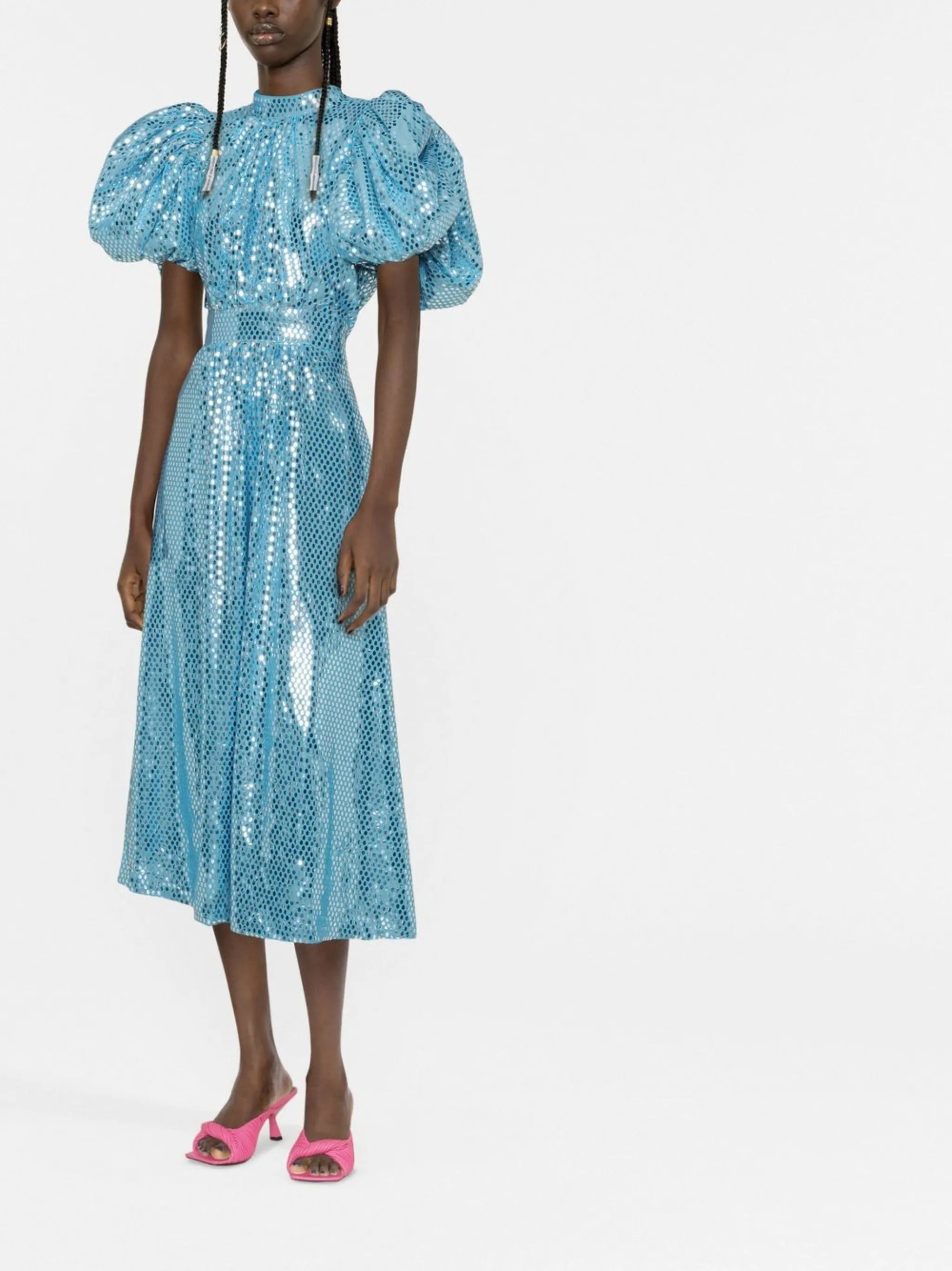 puff-sleeved metallic dress