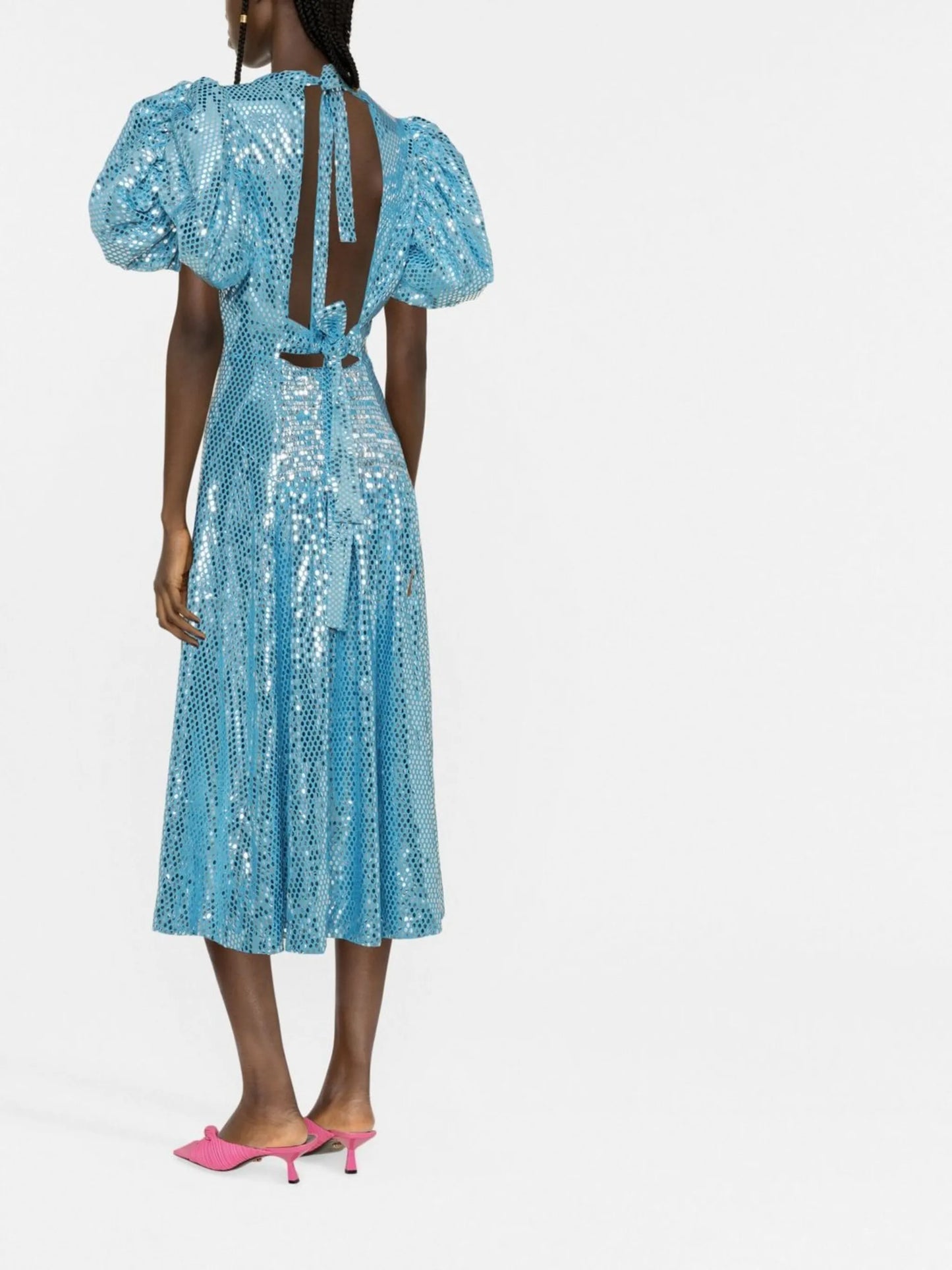 puff-sleeved metallic dress