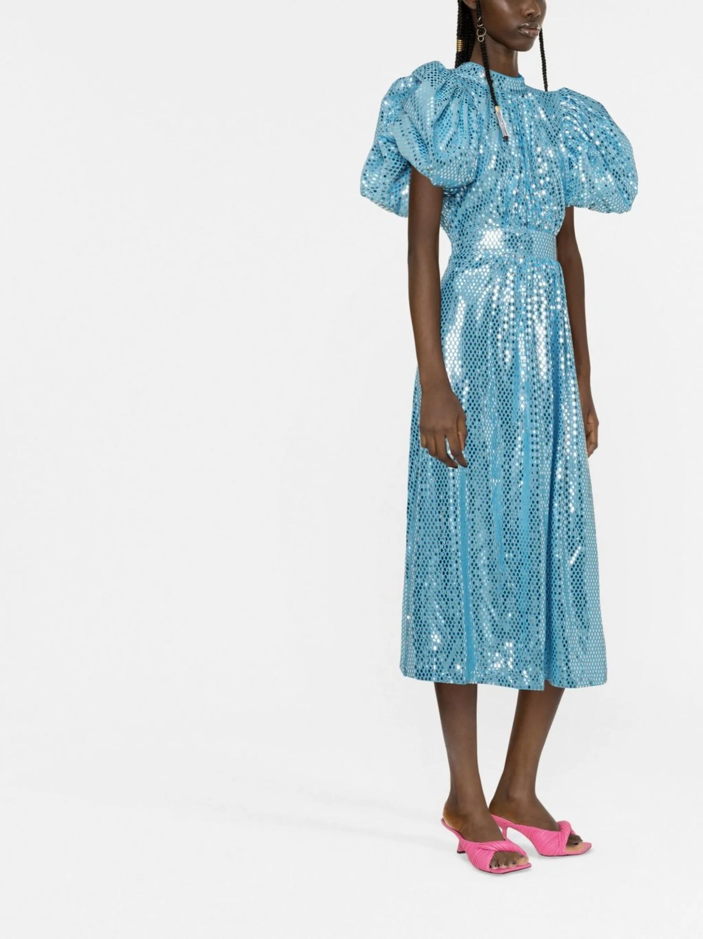 puff-sleeved metallic dress