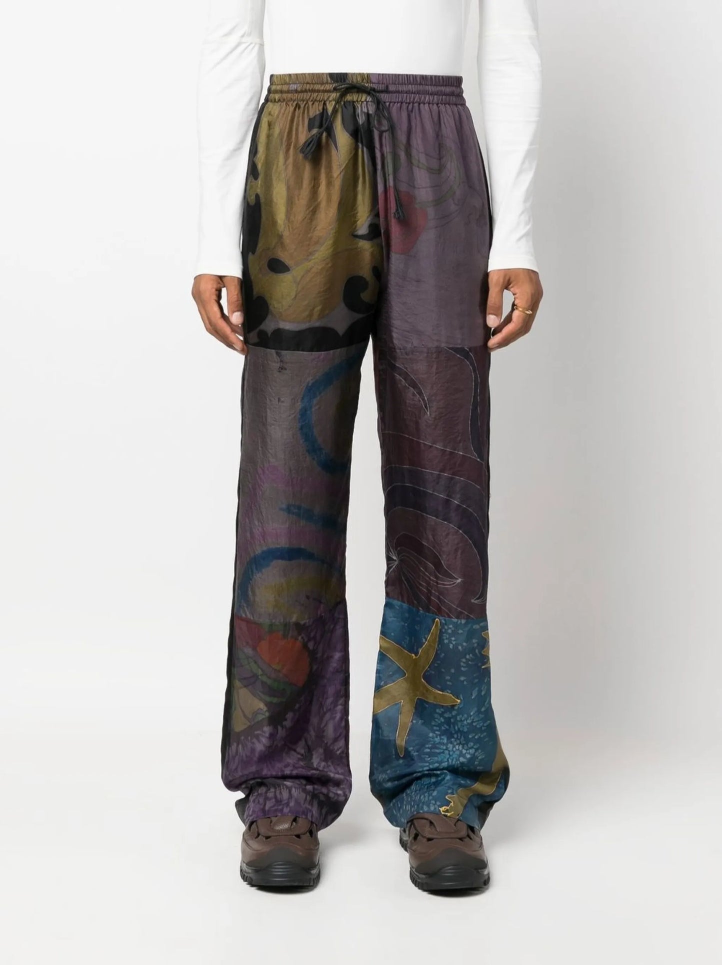 patchwork wide-leg silk trousers
