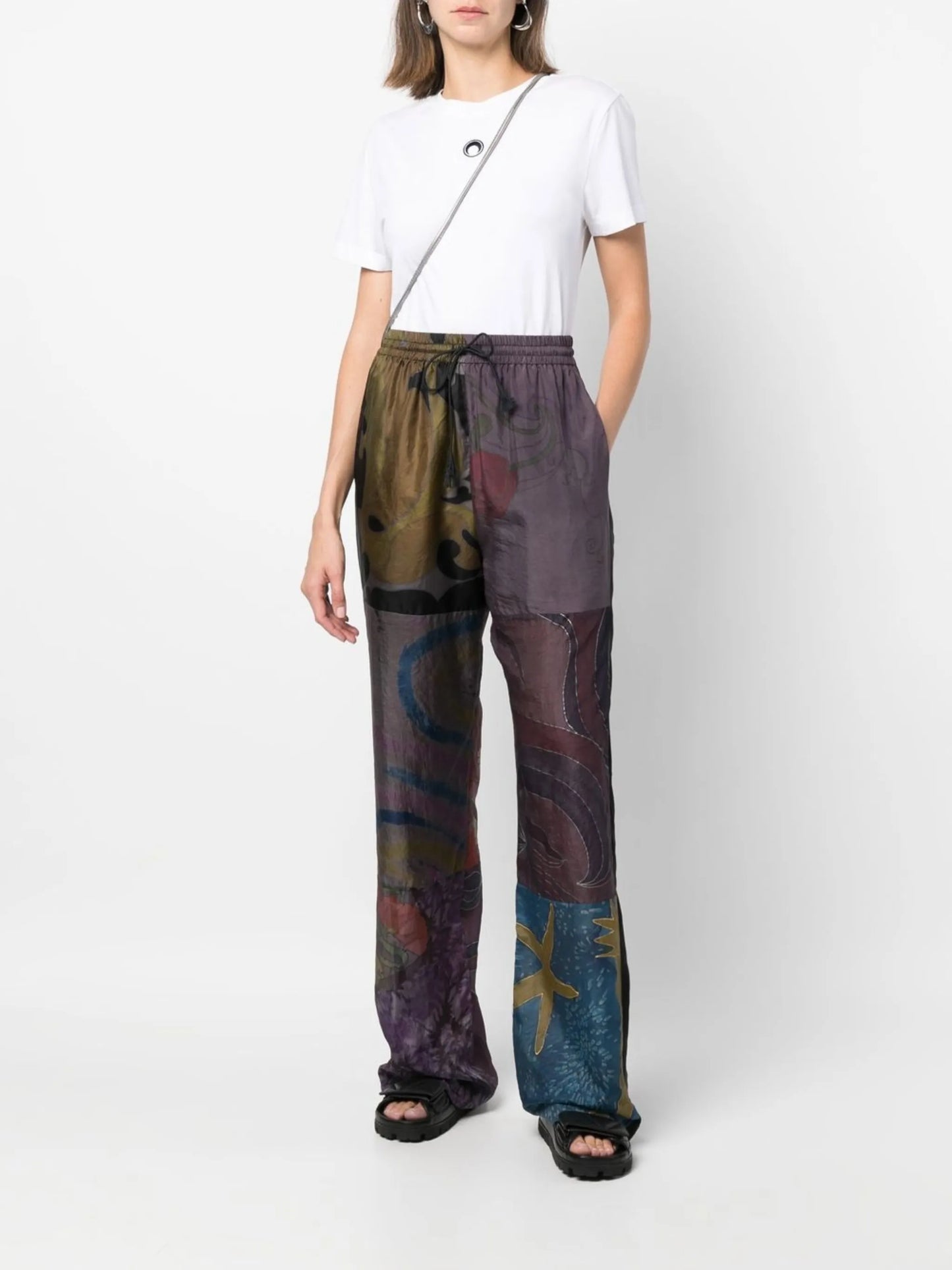 patchwork wide-leg silk trousers