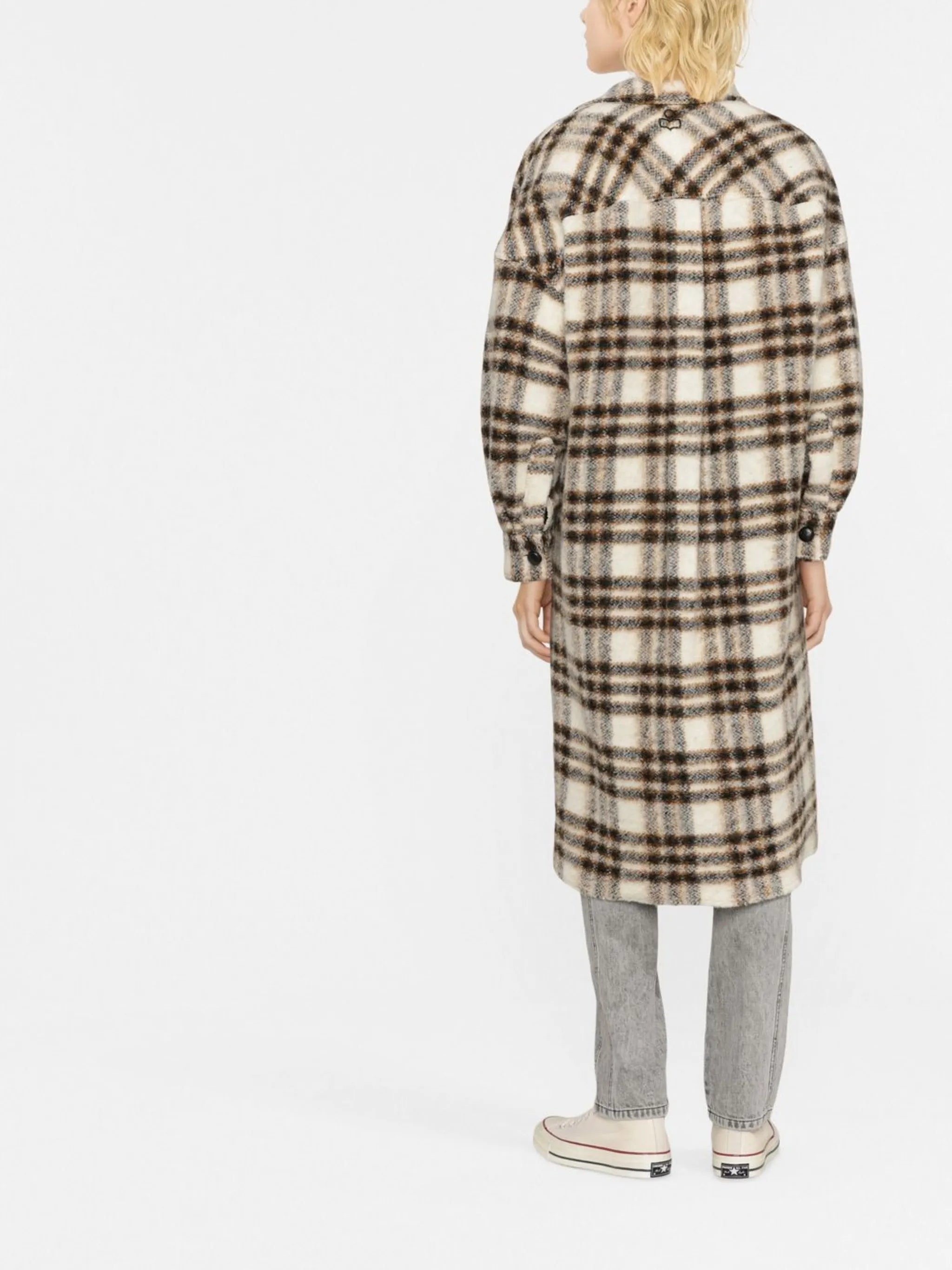 check-pattern single-breasted coat