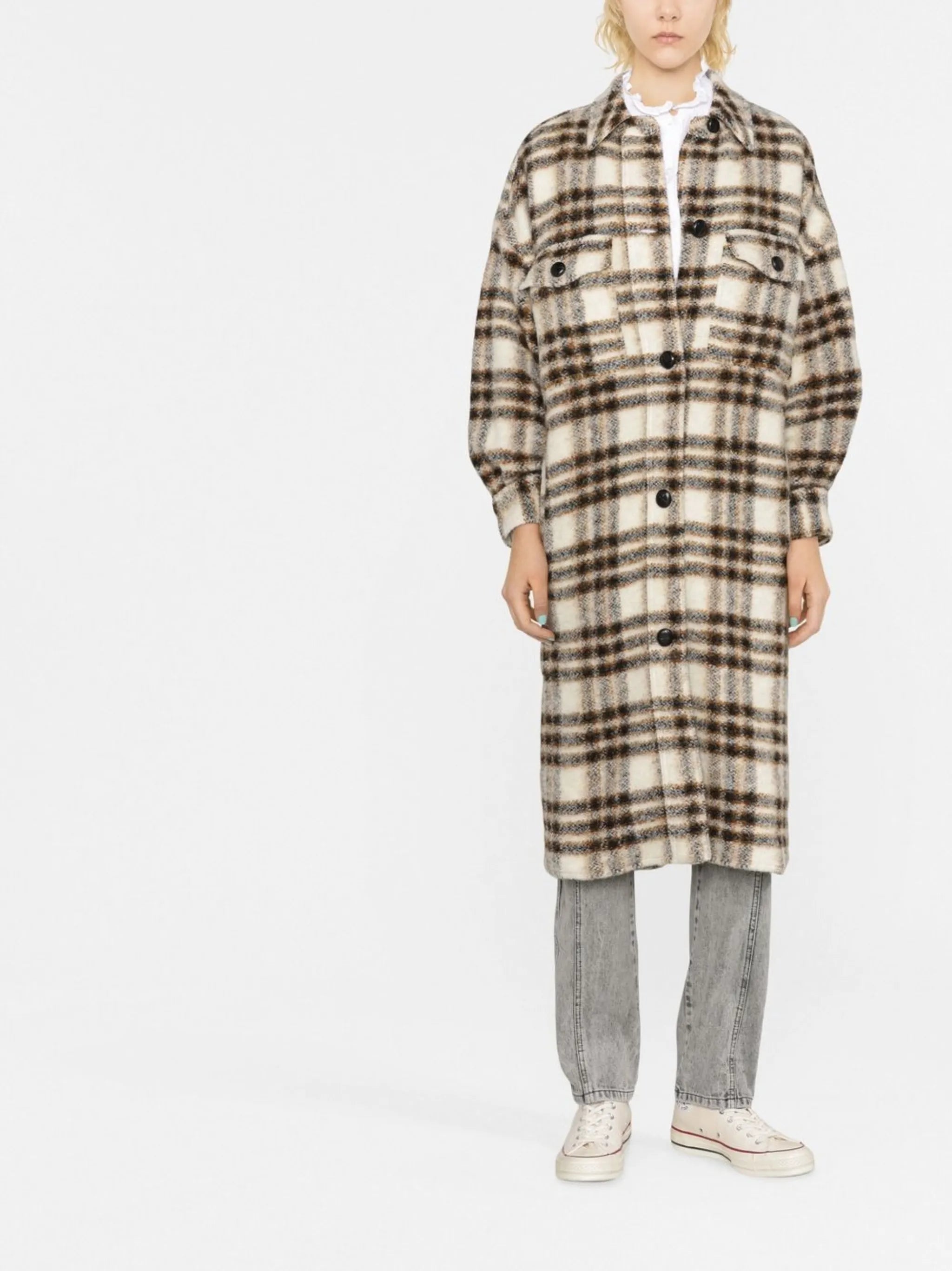 check-pattern single-breasted coat