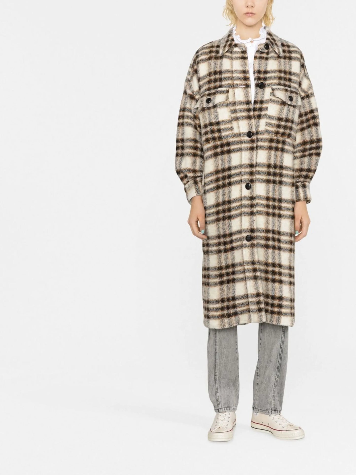 check-pattern single-breasted coat