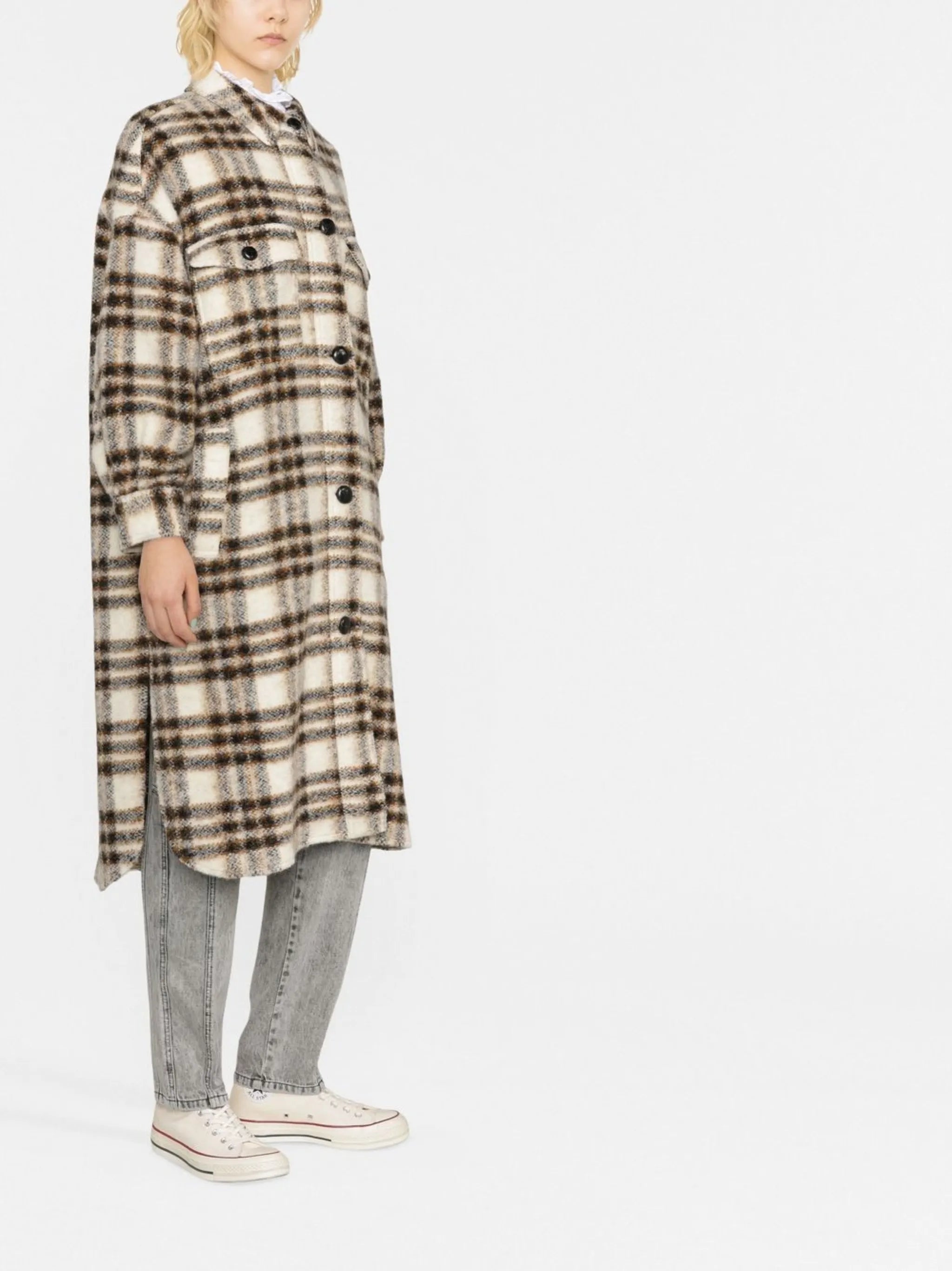 check-pattern single-breasted coat