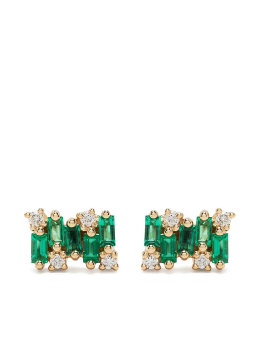 18kt yellow gold diamond and emerald stud earring