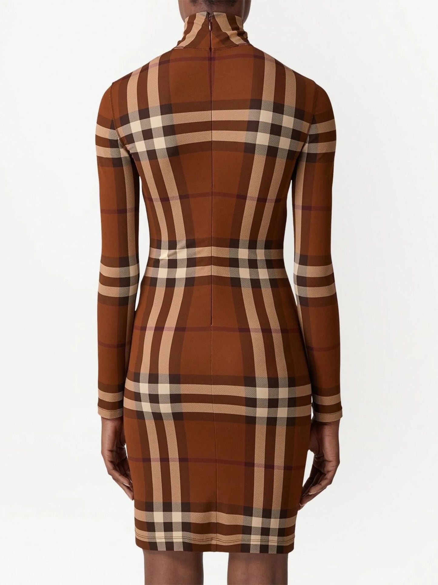check stretch jersey funnel-neck dress