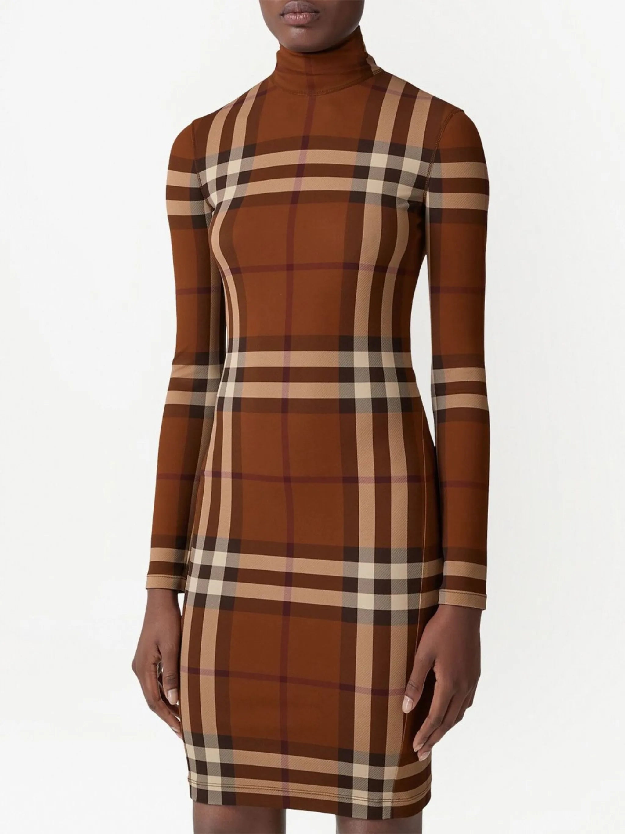 check stretch jersey funnel-neck dress