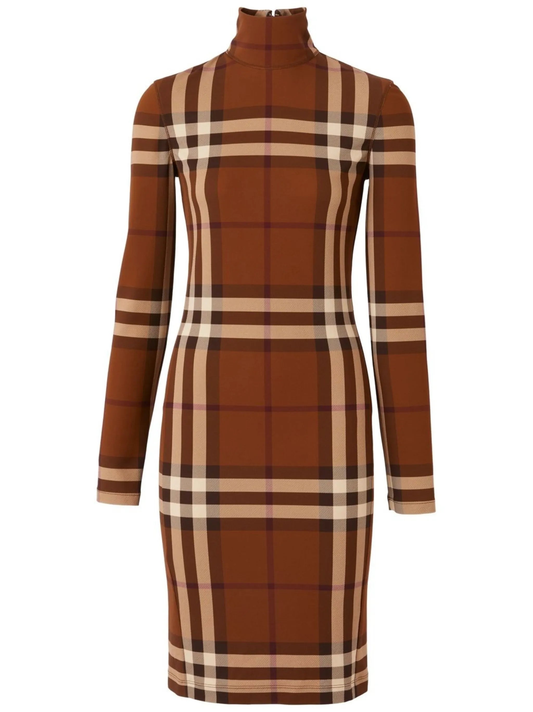 check stretch jersey funnel-neck dress