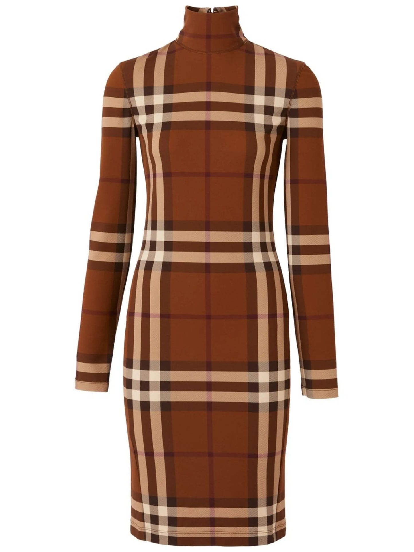 check stretch jersey funnel-neck dress