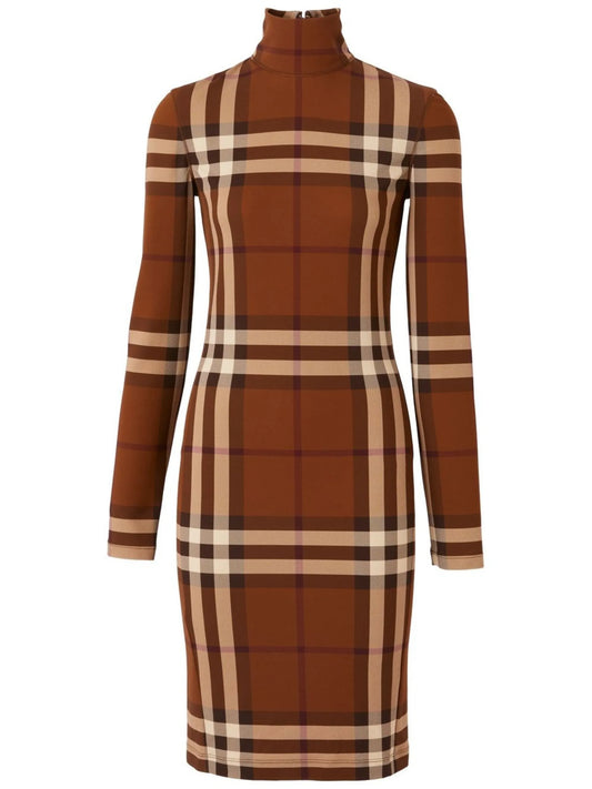 check stretch jersey funnel-neck dress