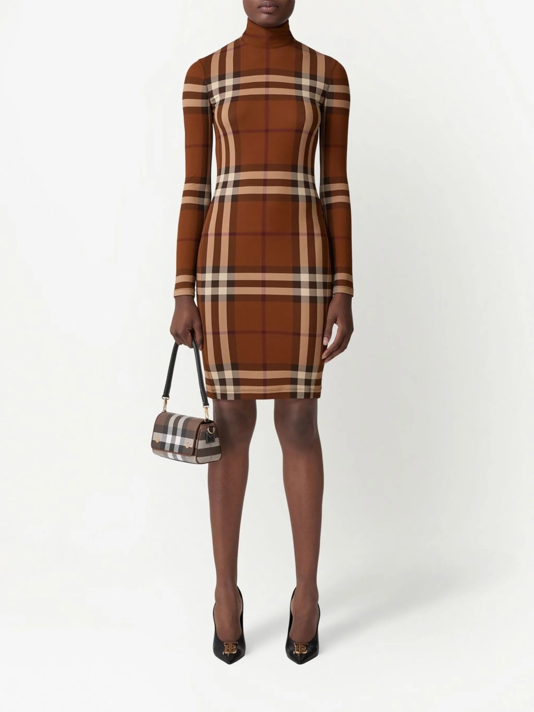 check stretch jersey funnel-neck dress