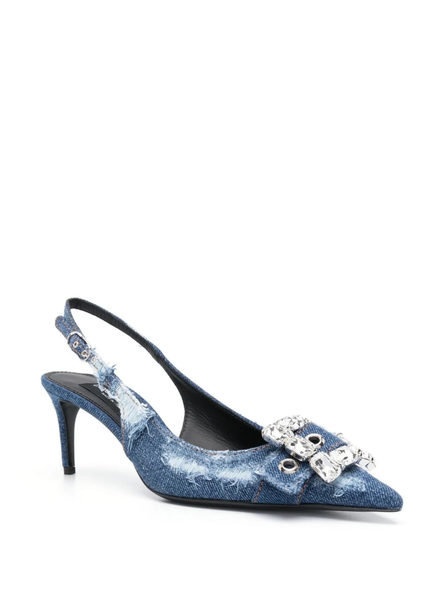 distressed denim pointed-toe pumps