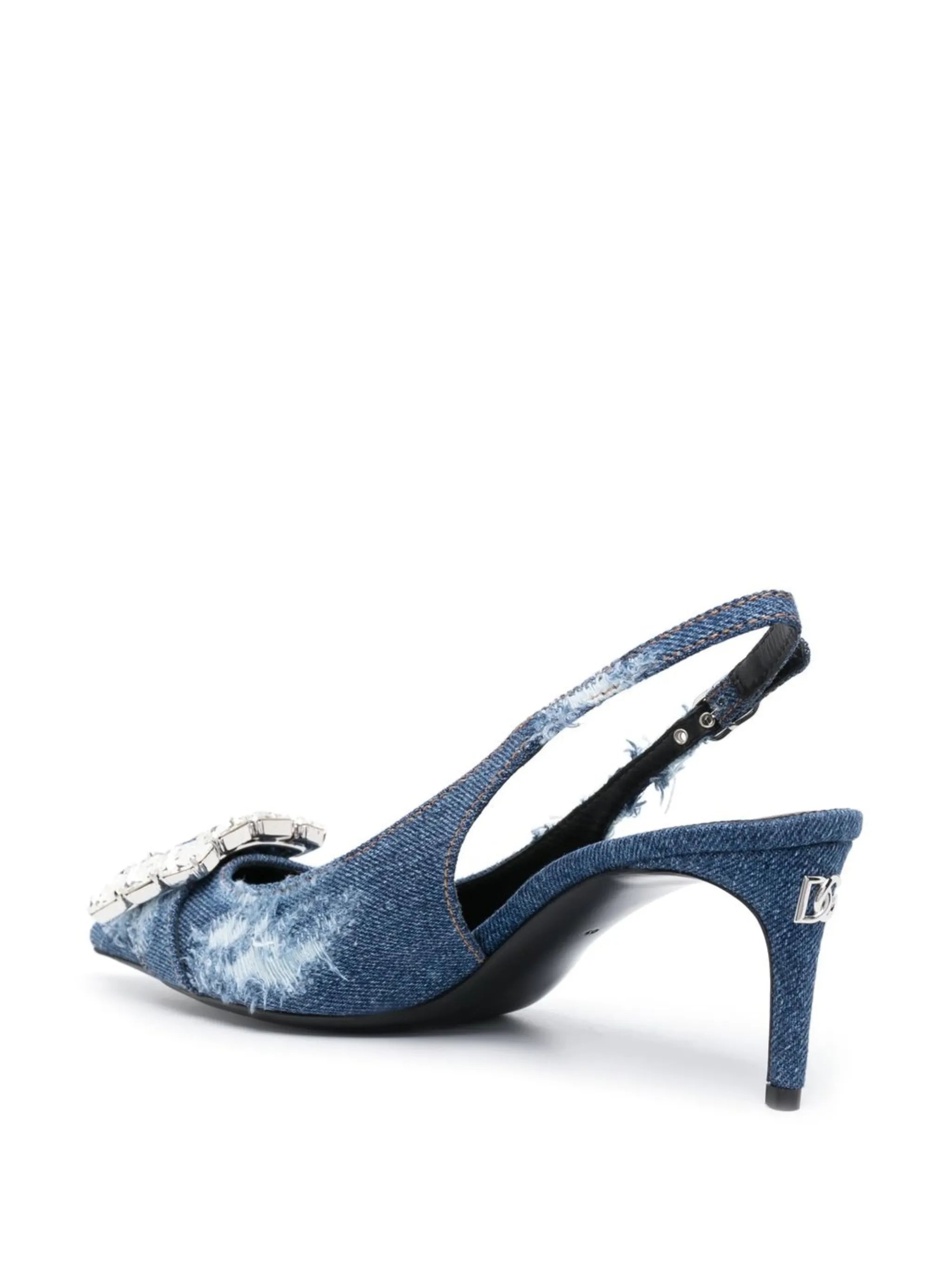 distressed denim pointed-toe pumps