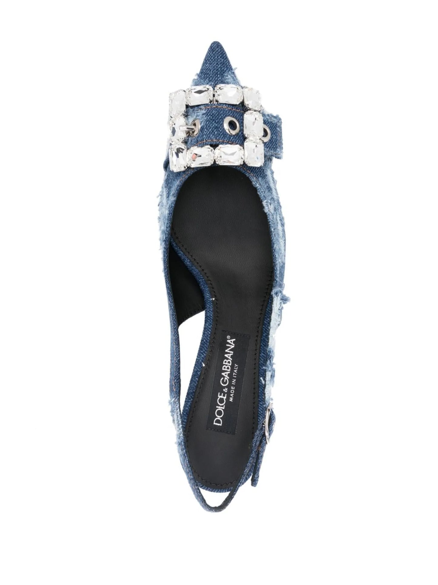 distressed denim pointed-toe pumps