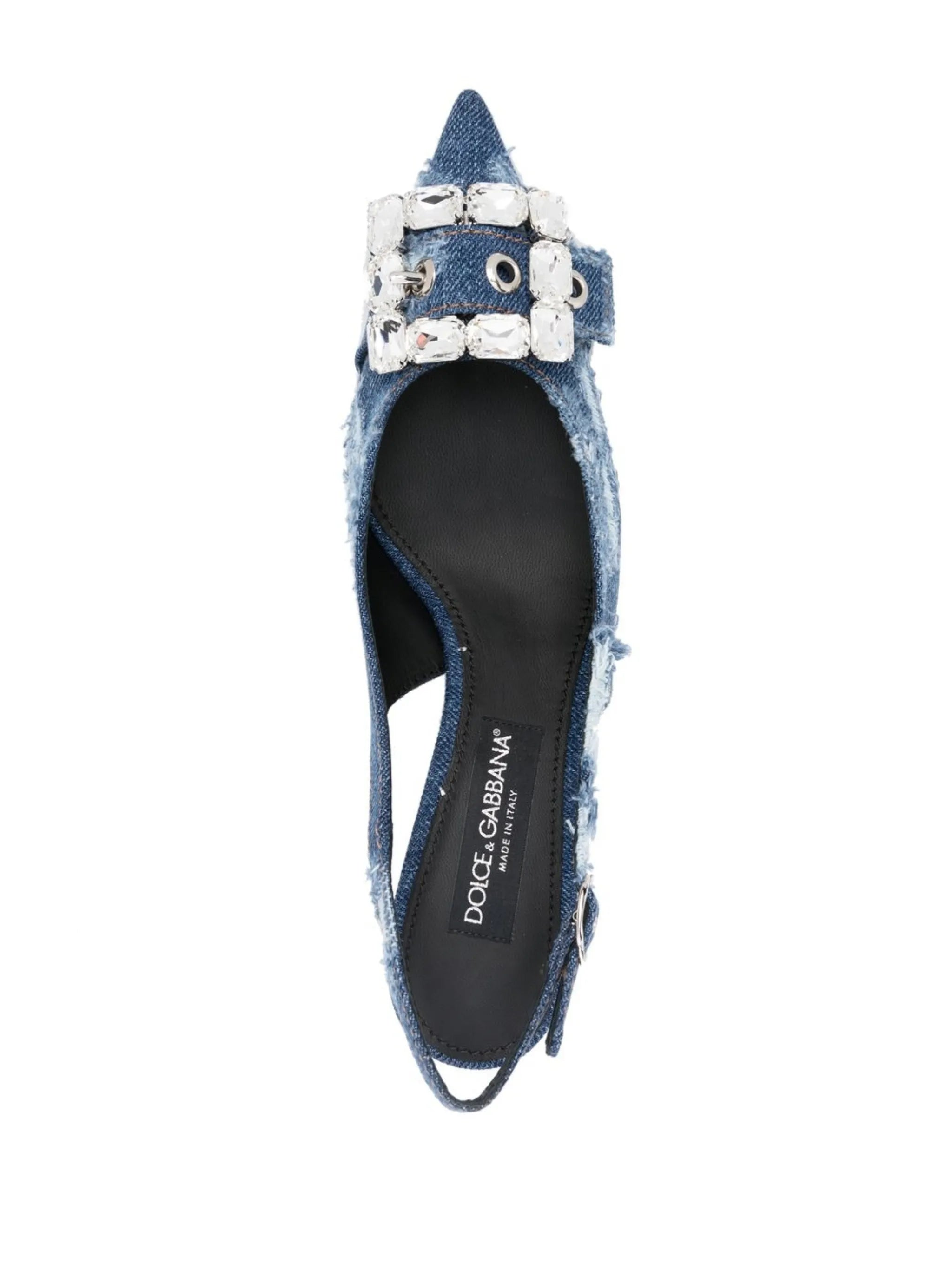 distressed denim pointed-toe pumps