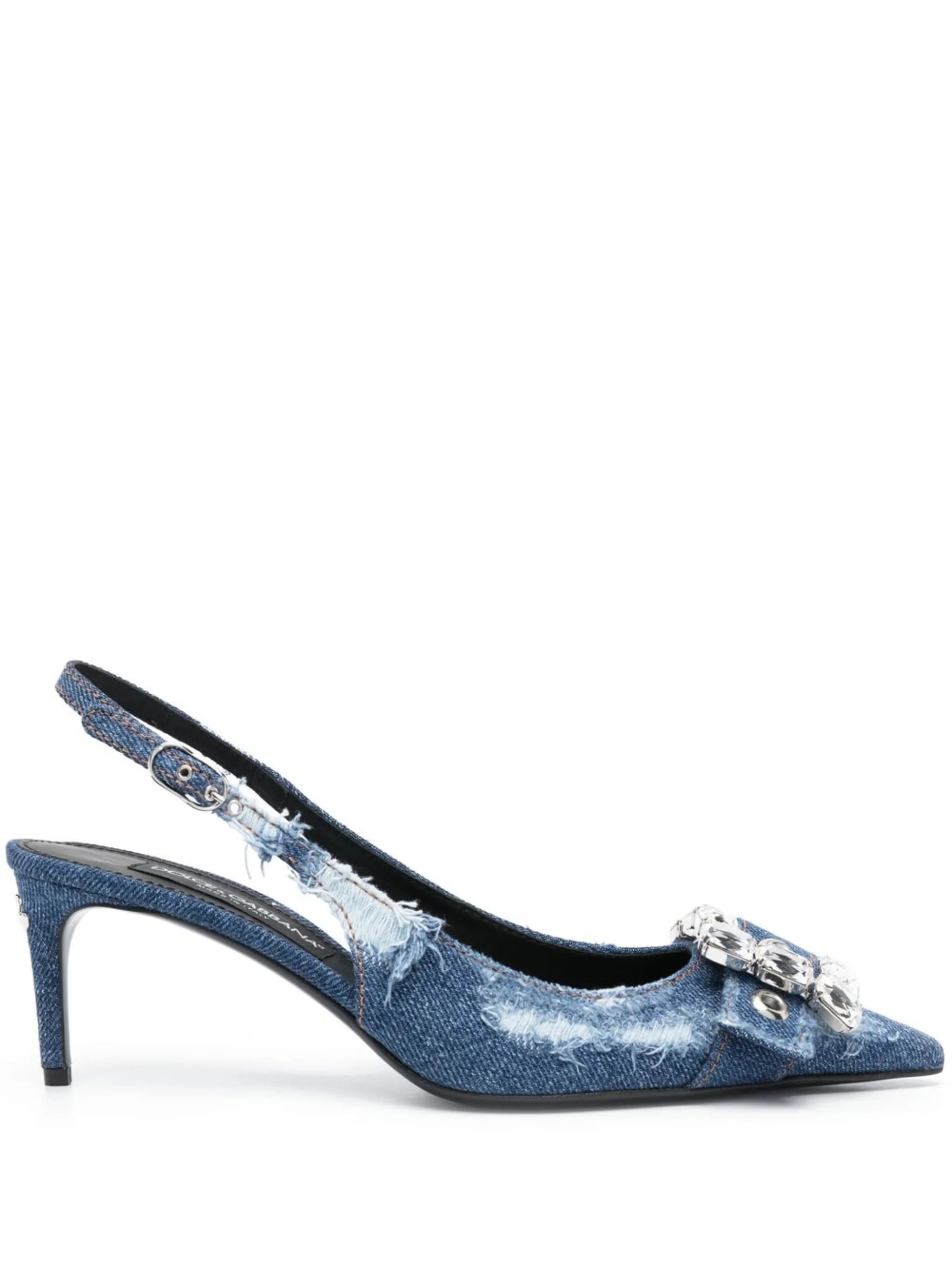 distressed denim pointed-toe pumps