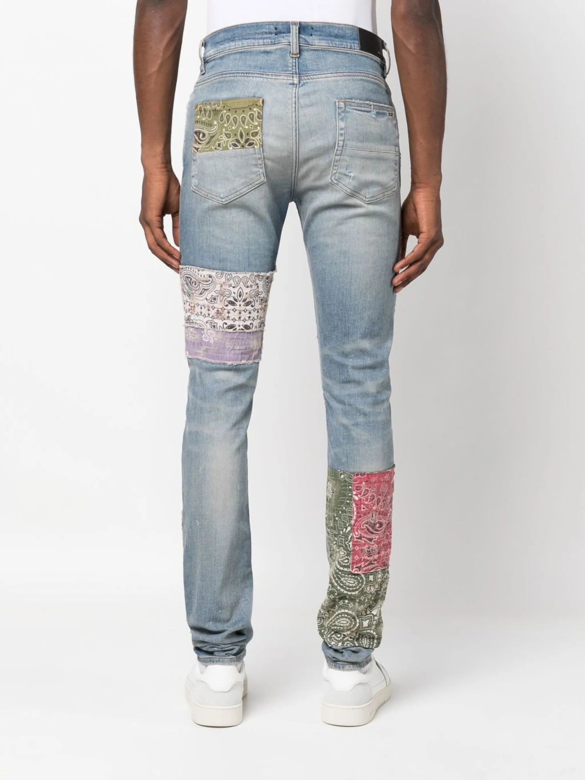 distressed patchwork skinny jeans