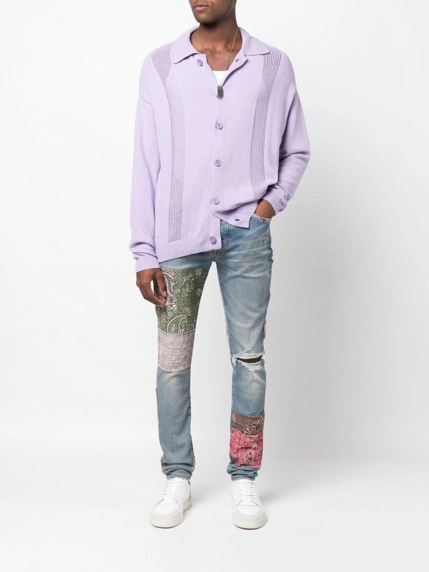 distressed patchwork skinny jeans