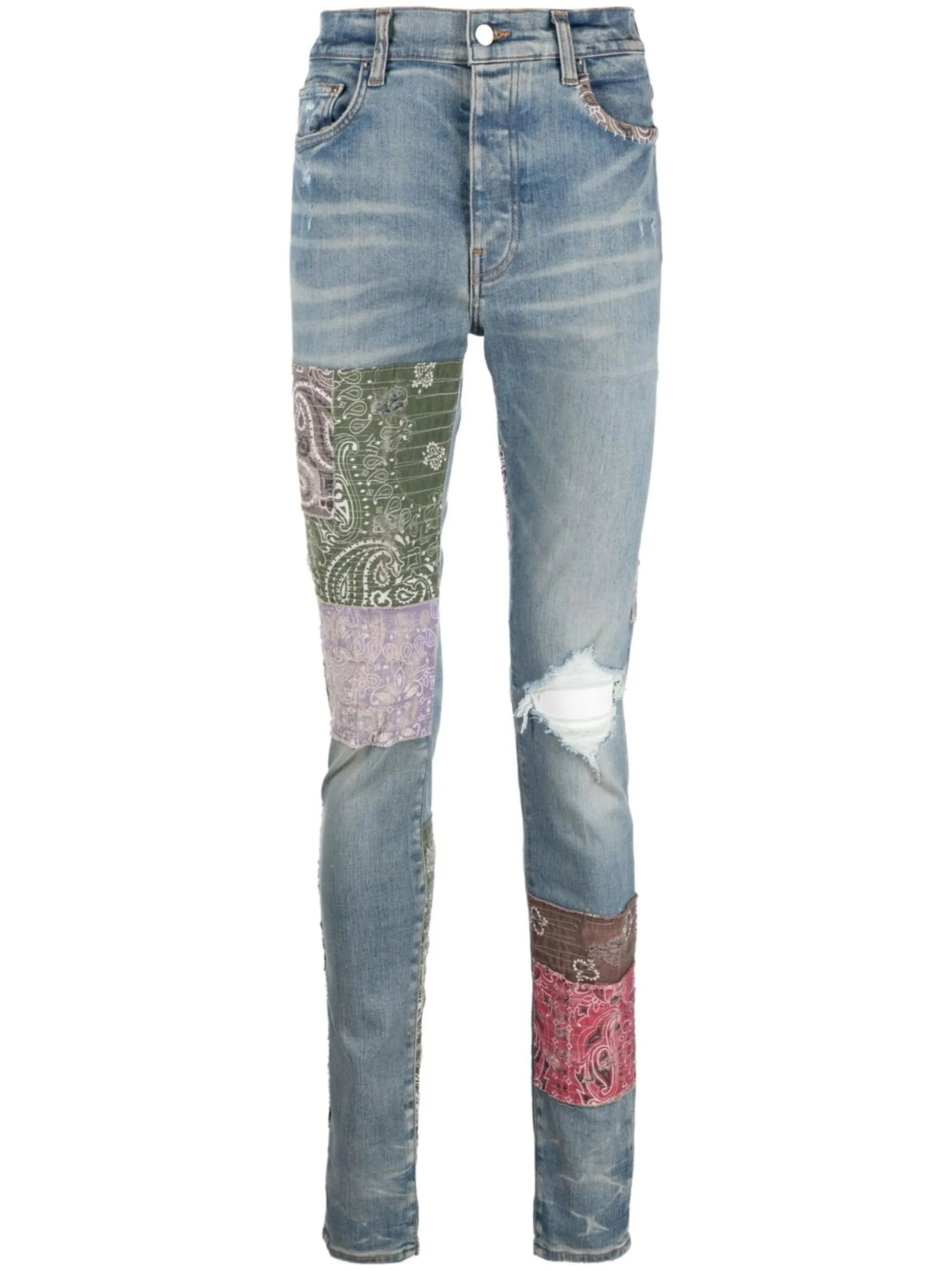 distressed patchwork skinny jeans