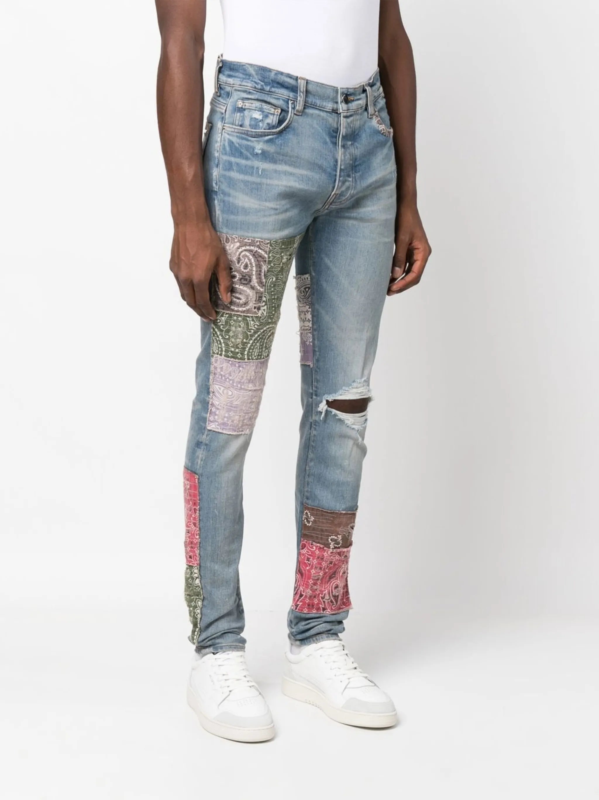distressed patchwork skinny jeans