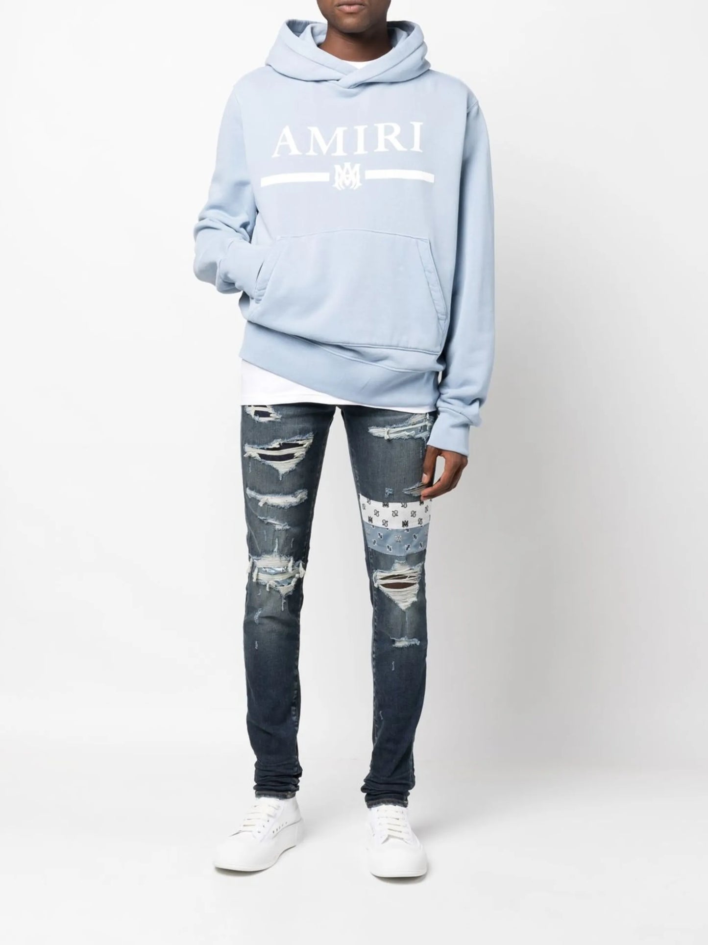 patchwork distressed slim jeans