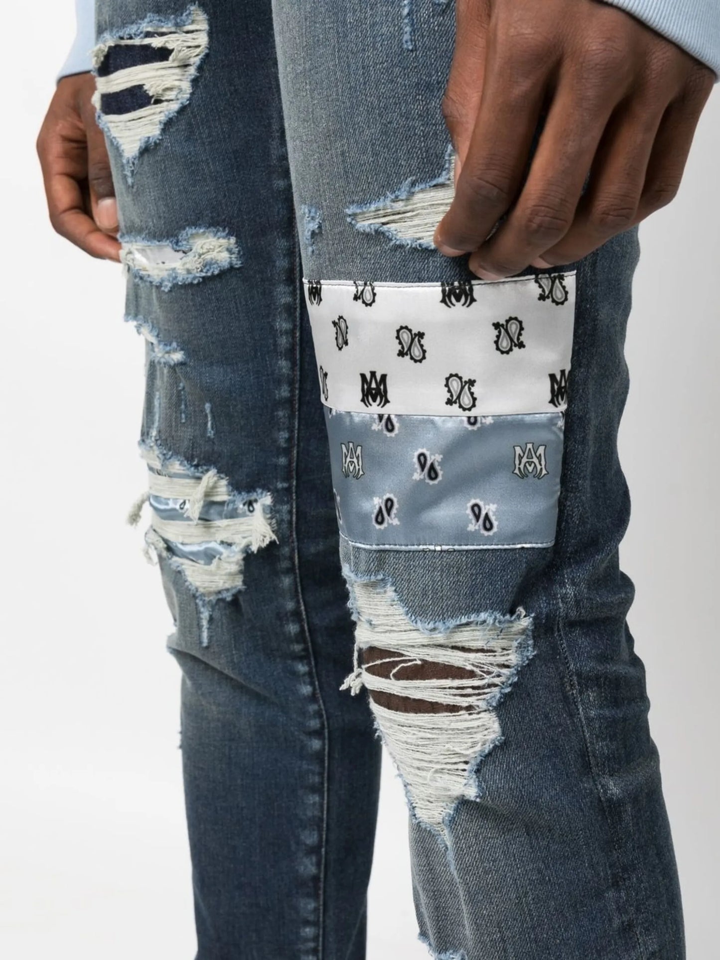 patchwork distressed slim jeans