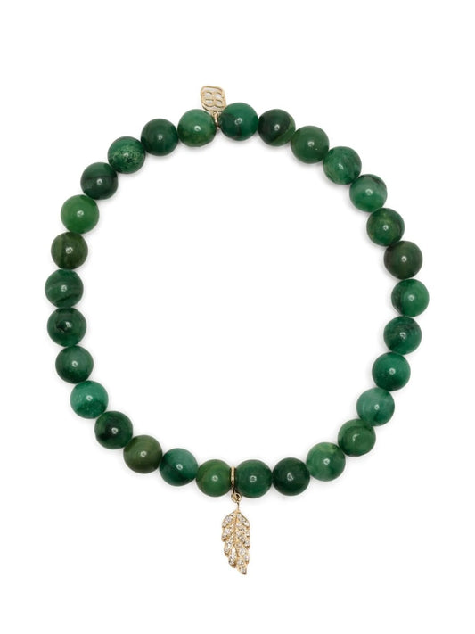 14kt yellow gold verdite feather beaded bracelet