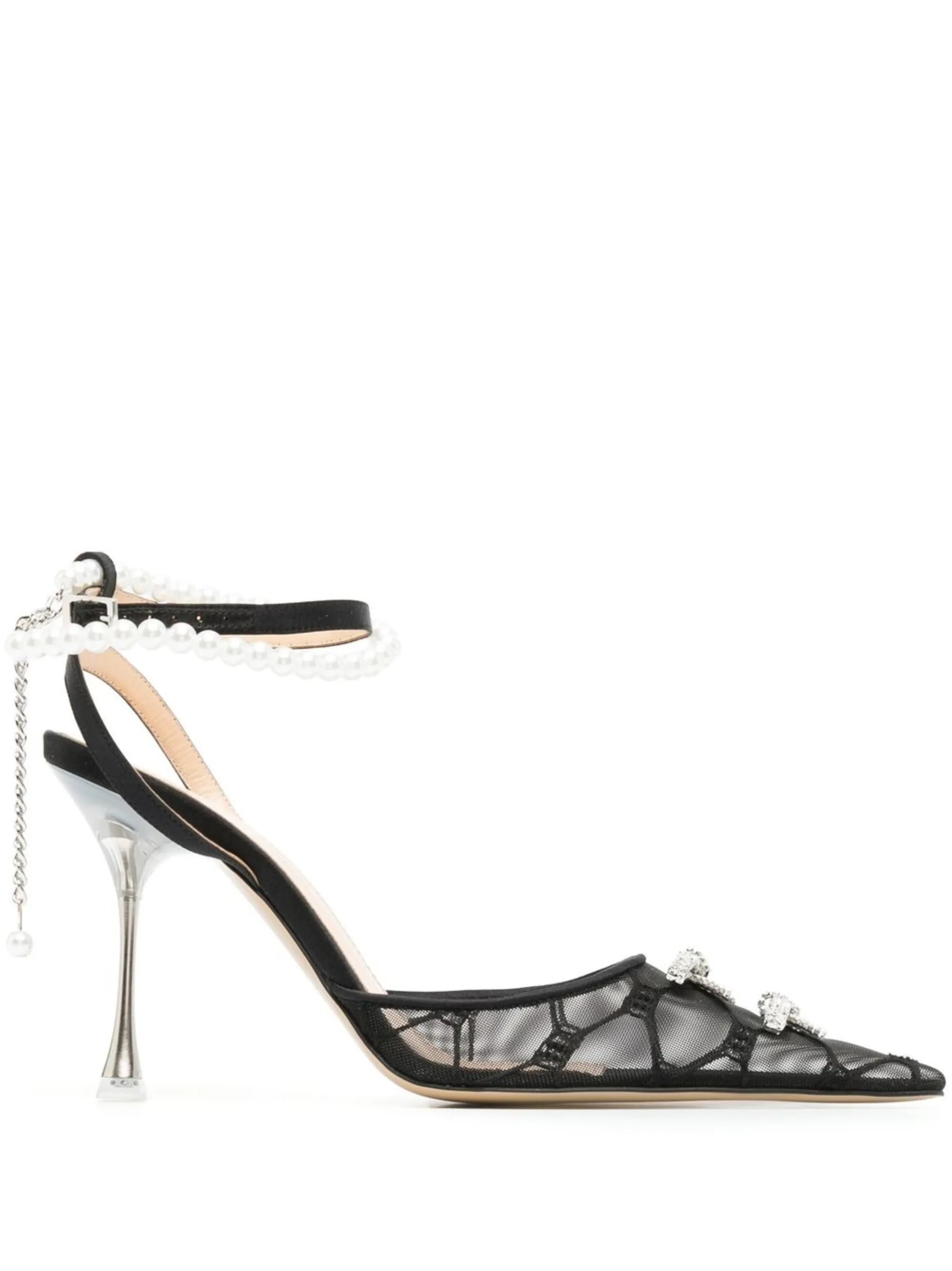 bow-embellished 100mm mesh pumps