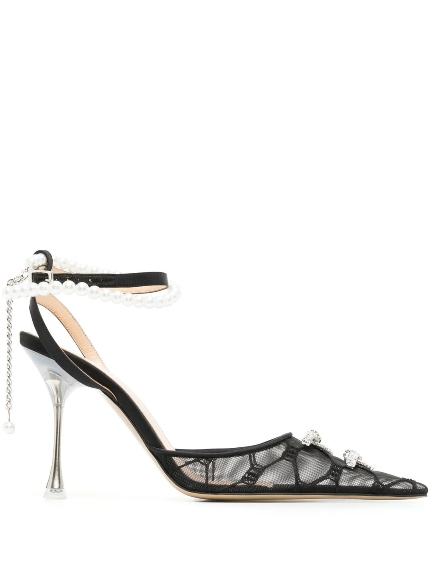 bow-embellished 100mm mesh pumps