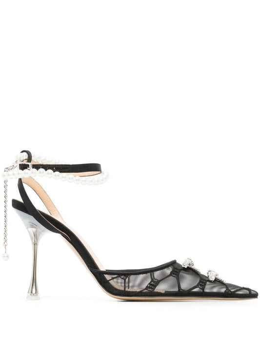 bow-embellished 100mm mesh pumps