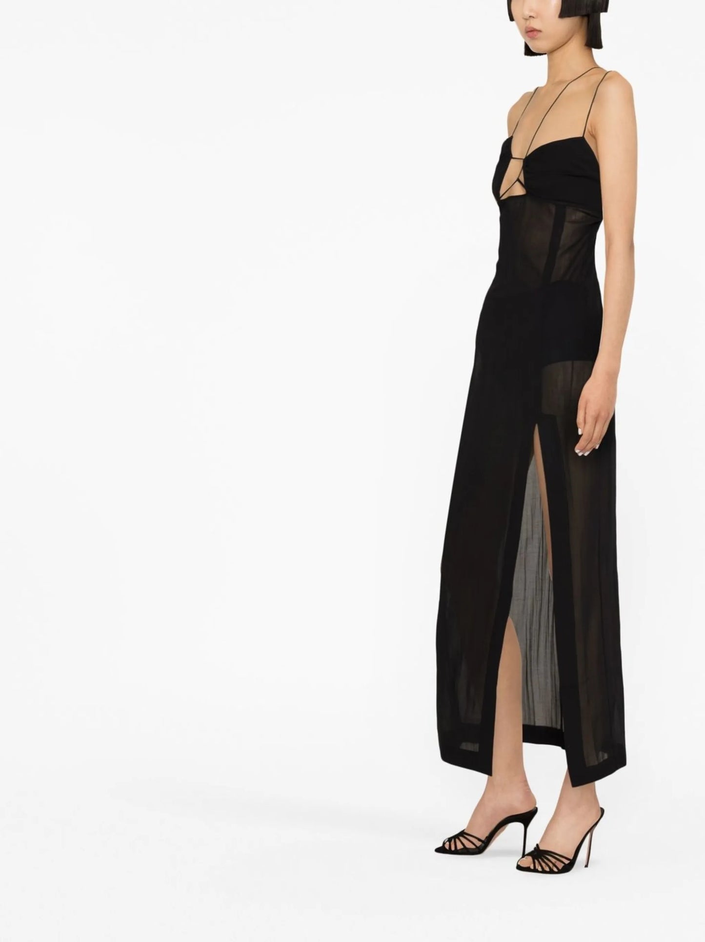 asymmetric semi-sheer midi dress