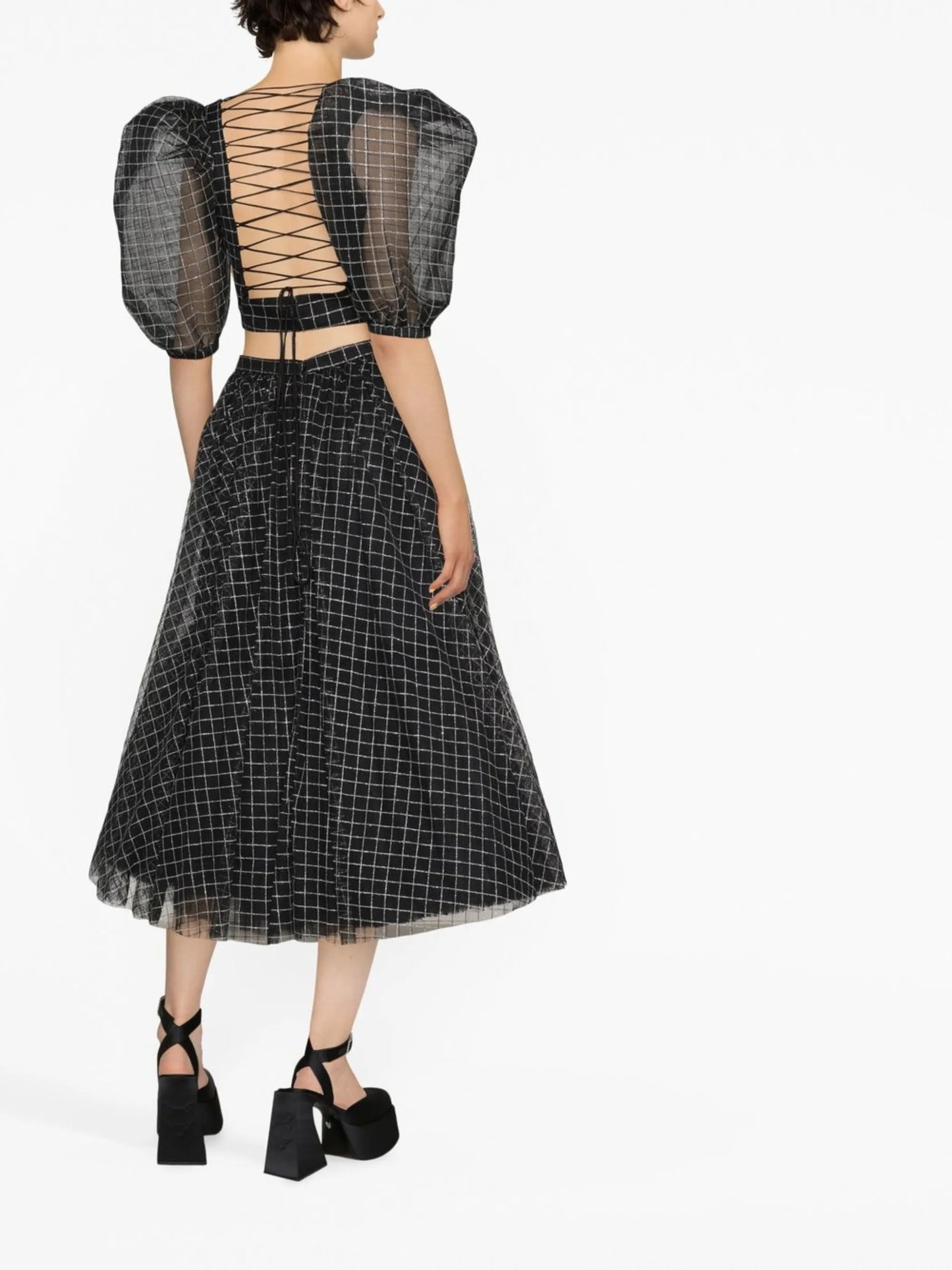 checked puff-sleeve blouse