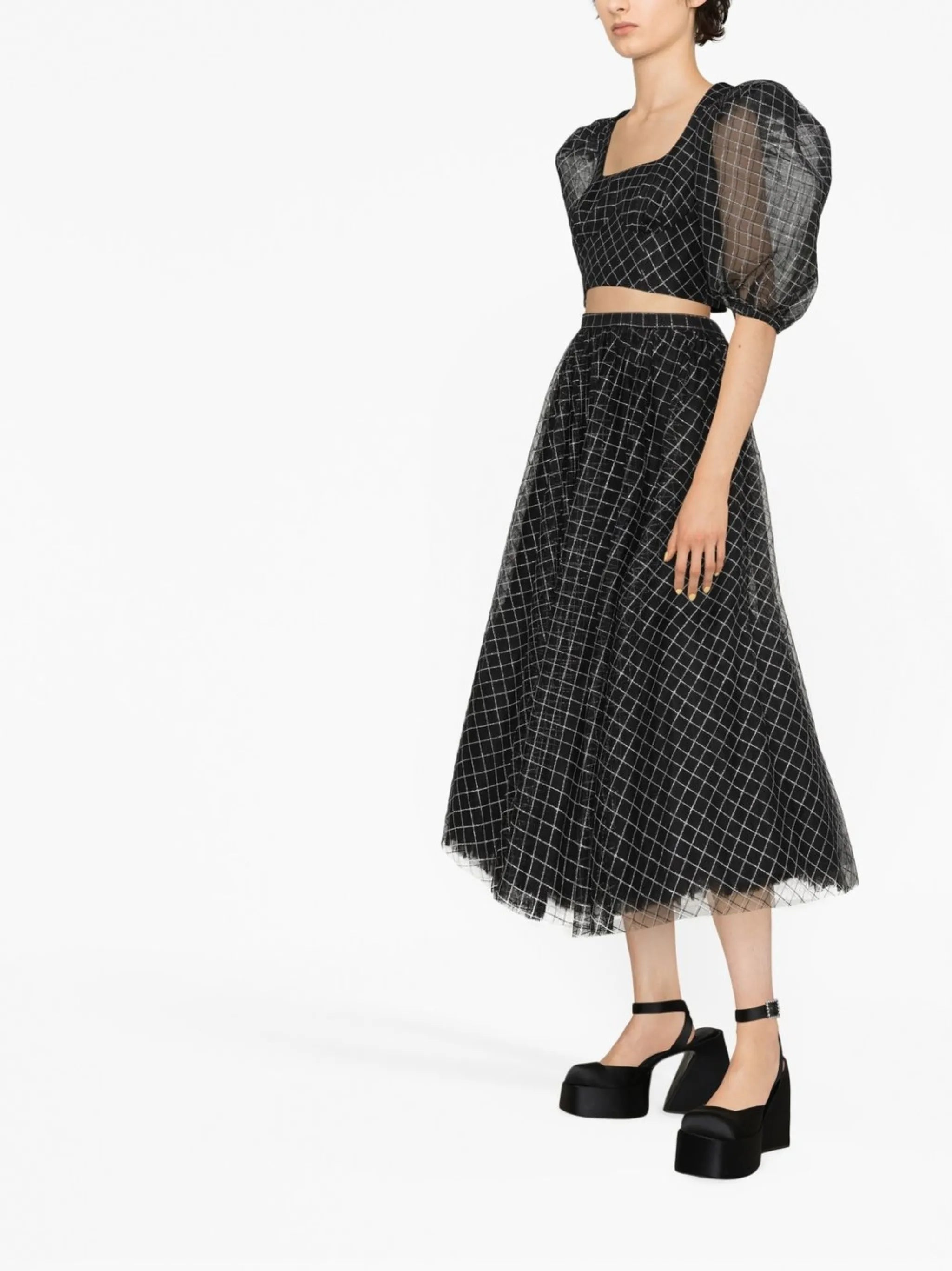 checked puff-sleeve blouse